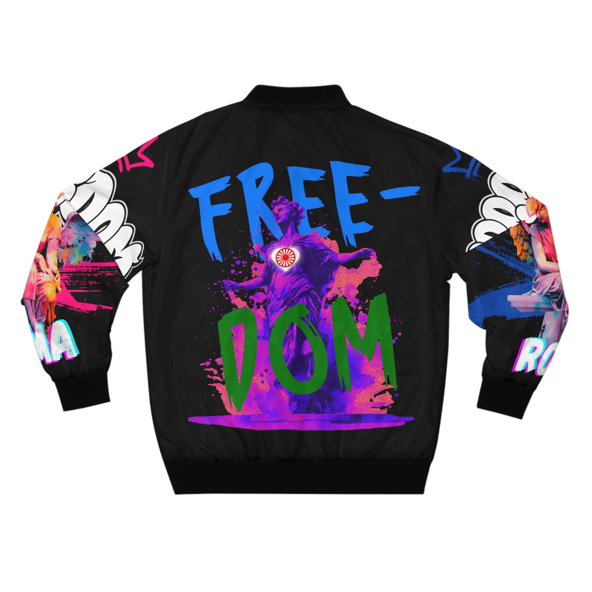 Empowering hoodie design with a collage of Roma statues and symbolic graphics, framed by ZORALE and FREEDOM slogans.