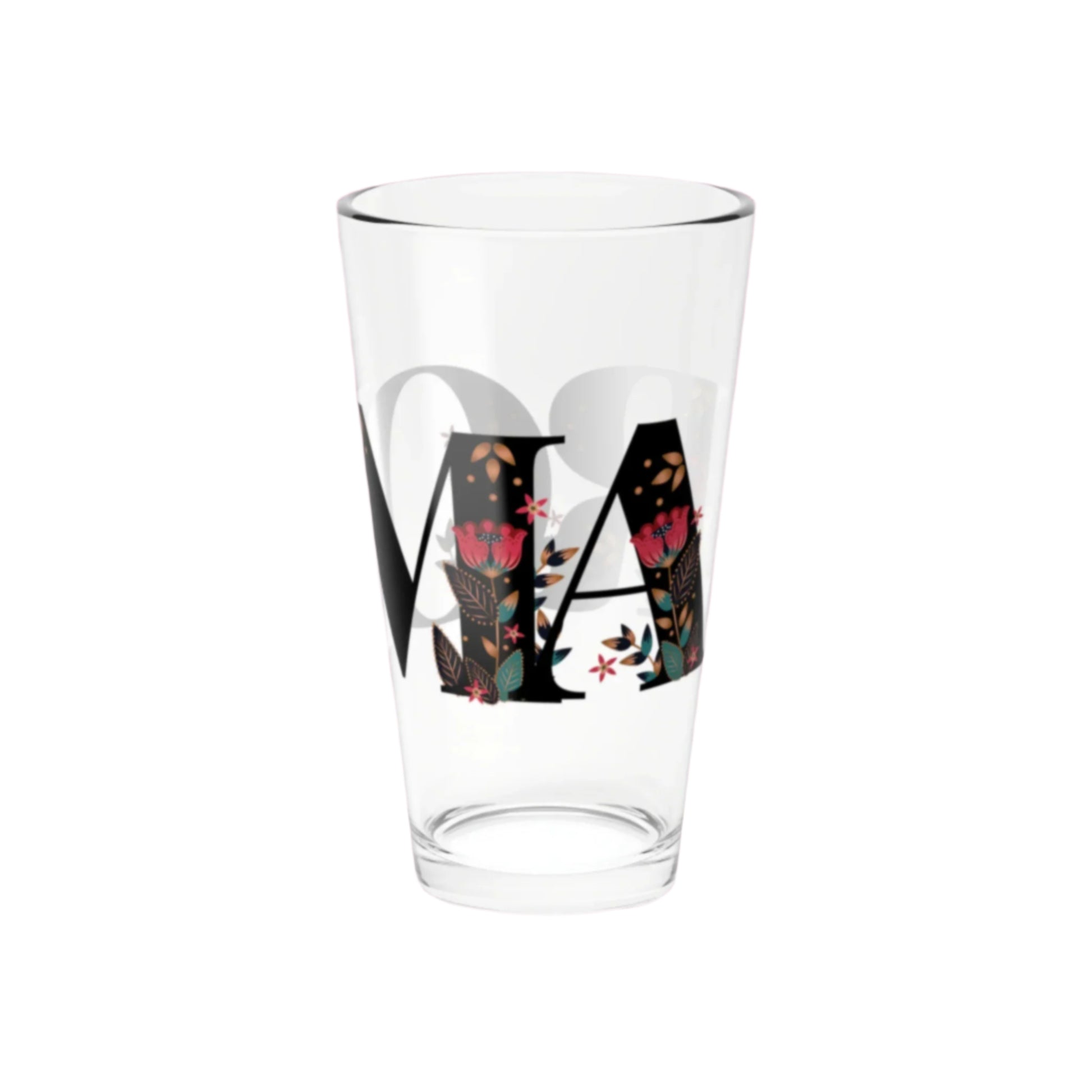 16oz clear glass with stylish print, perfect for everyday use or bar setups.