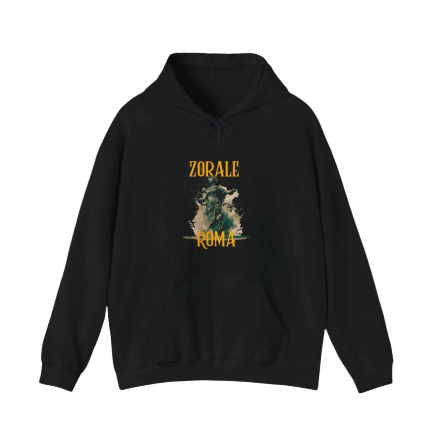 Black hoodie with ZORAL ROMA text and angel graphic design