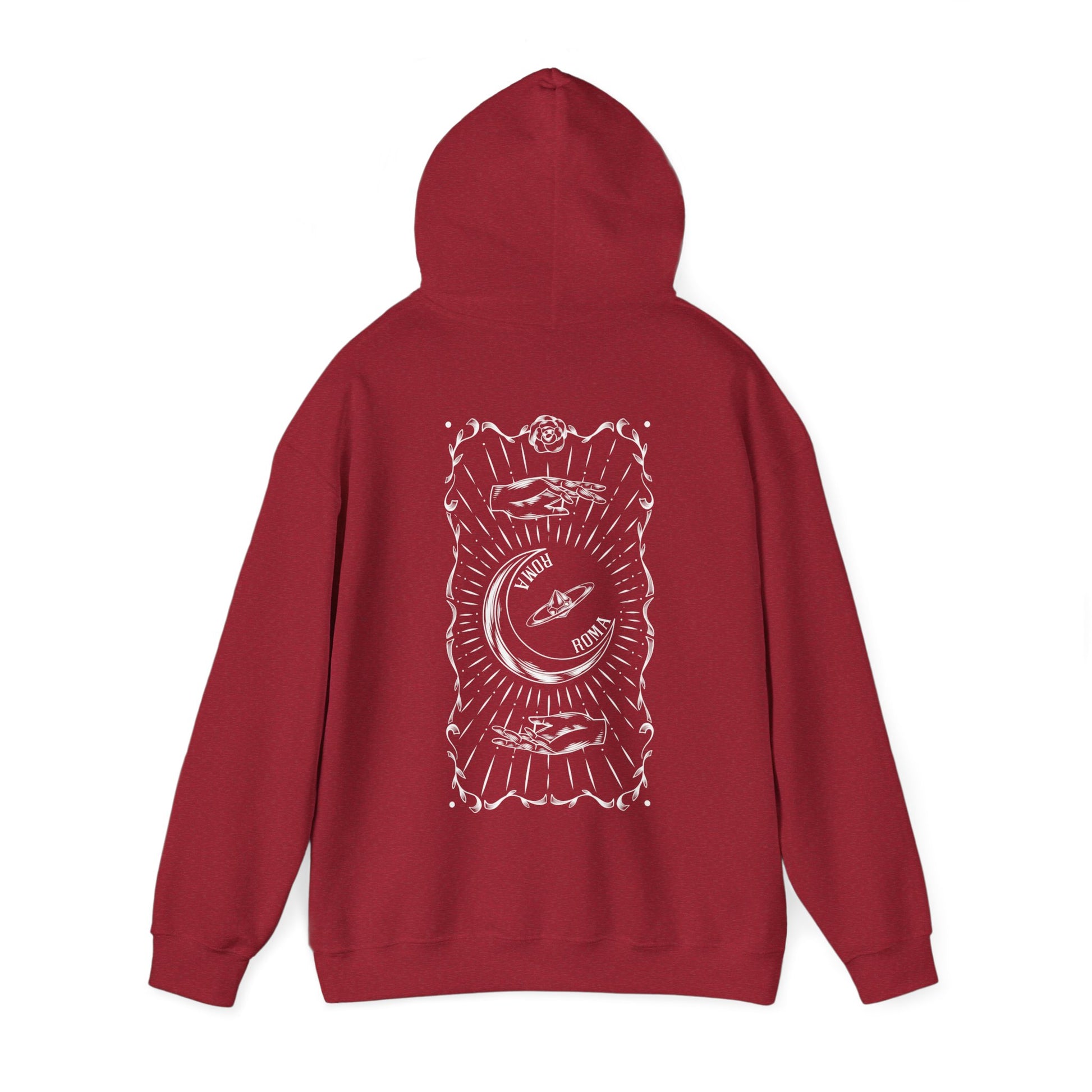 Red streetwear hoodie featuring half-moon design and statement ROMA lettering.