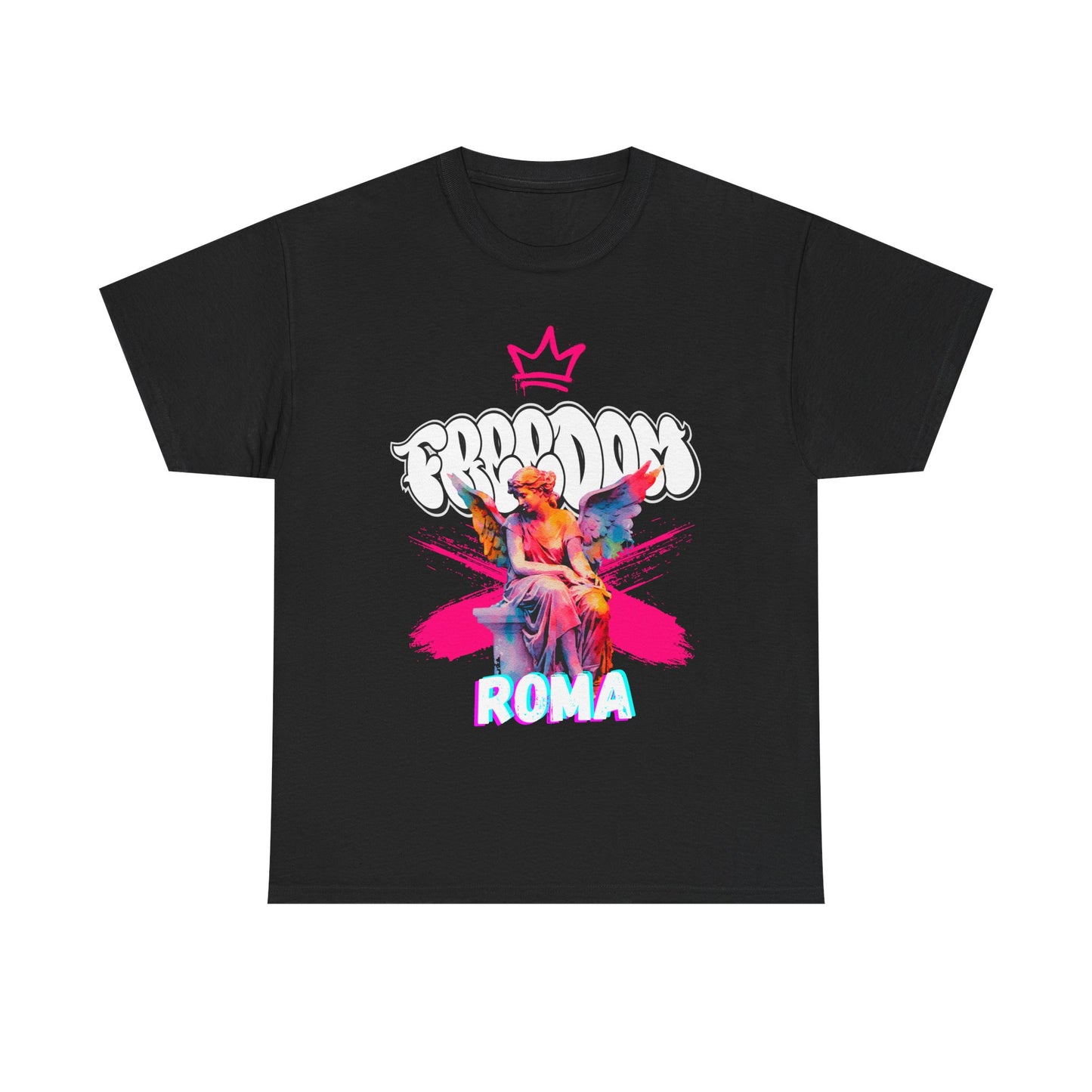 Short sleeve black tee featuring artistic angel graphic and ROMA branding