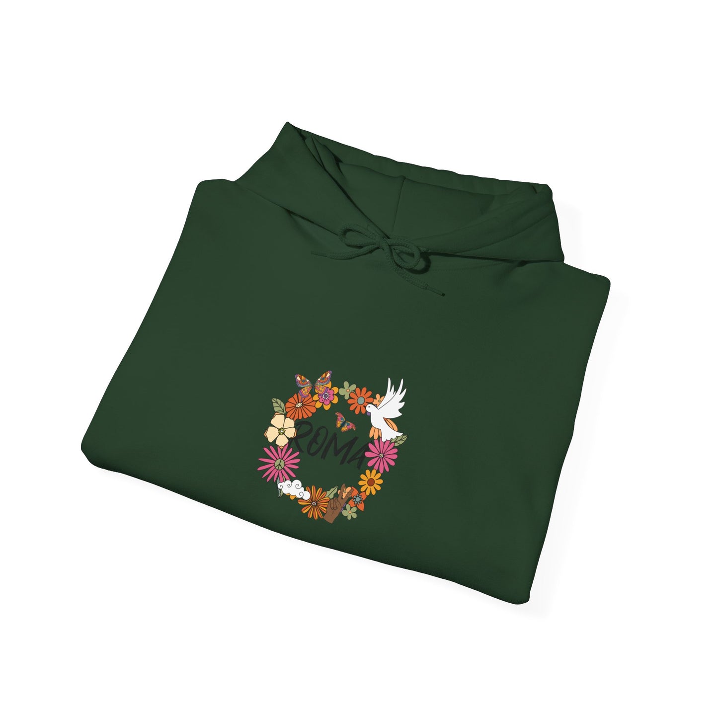 Hoodie displaying a harmonious circle of flowers with a dove resting inside, and the word “ROMA” beautifully integrated within.