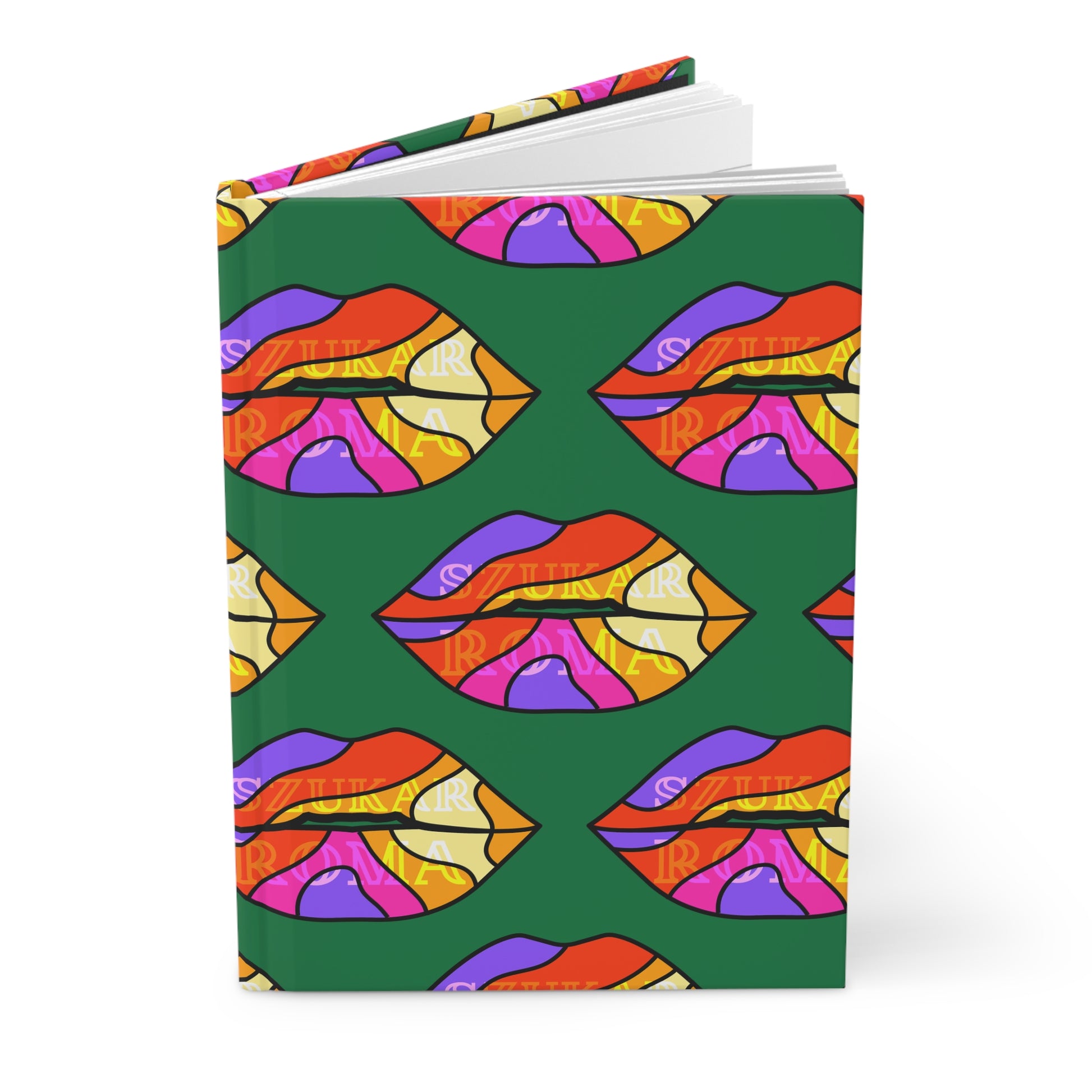Modern journal with illustrated lips and green ROMA text on the front.