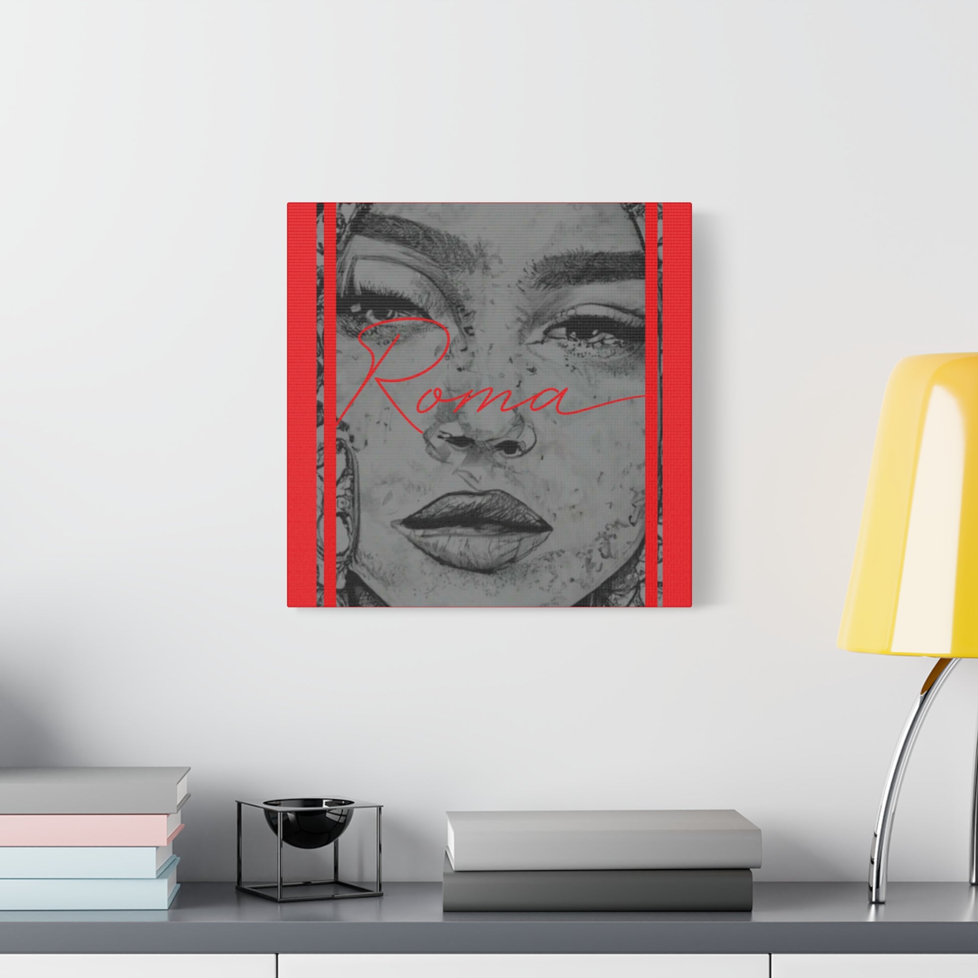 Canvas wall art portraying silent emotion through a girl’s glossy stare, enhanced by refined ROMA lettering for a modern edge.
