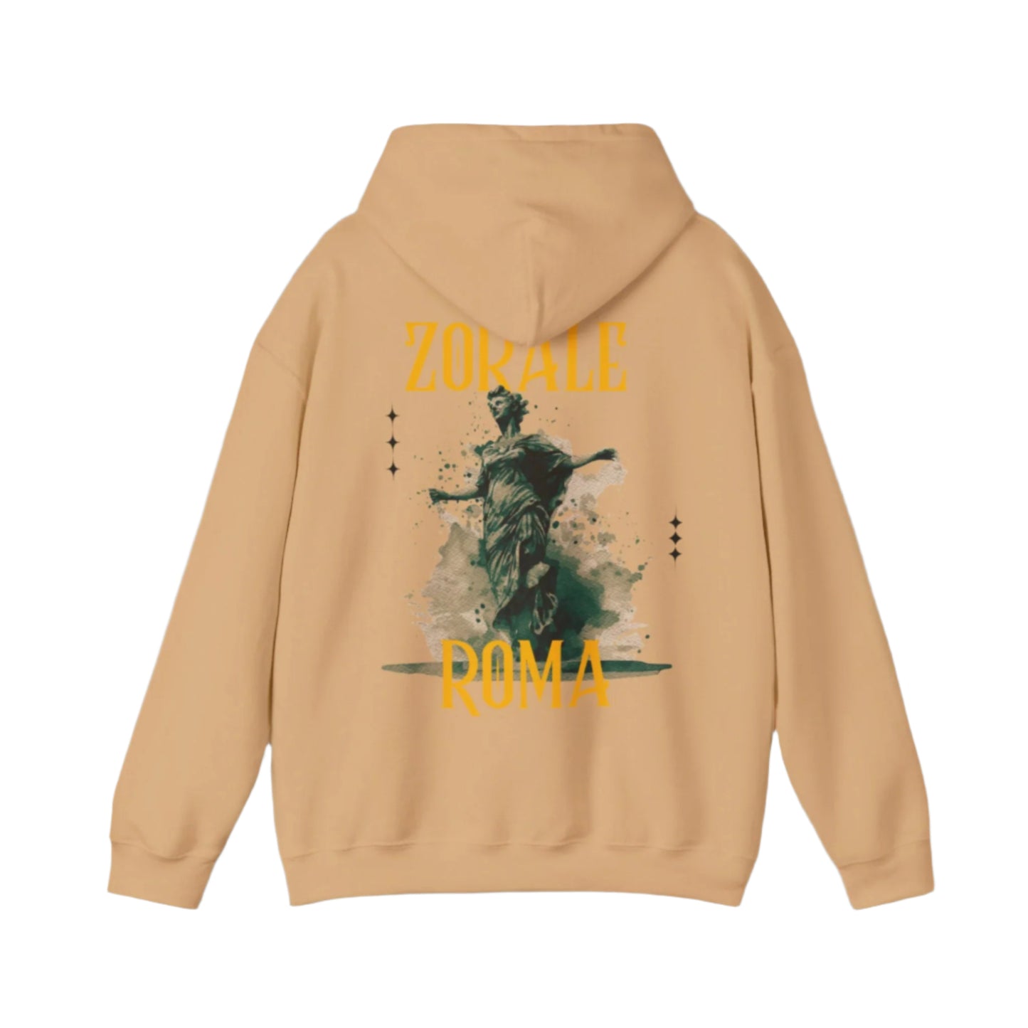 Beige hoodie with 'Zokale Roma' design on the back against a dark background