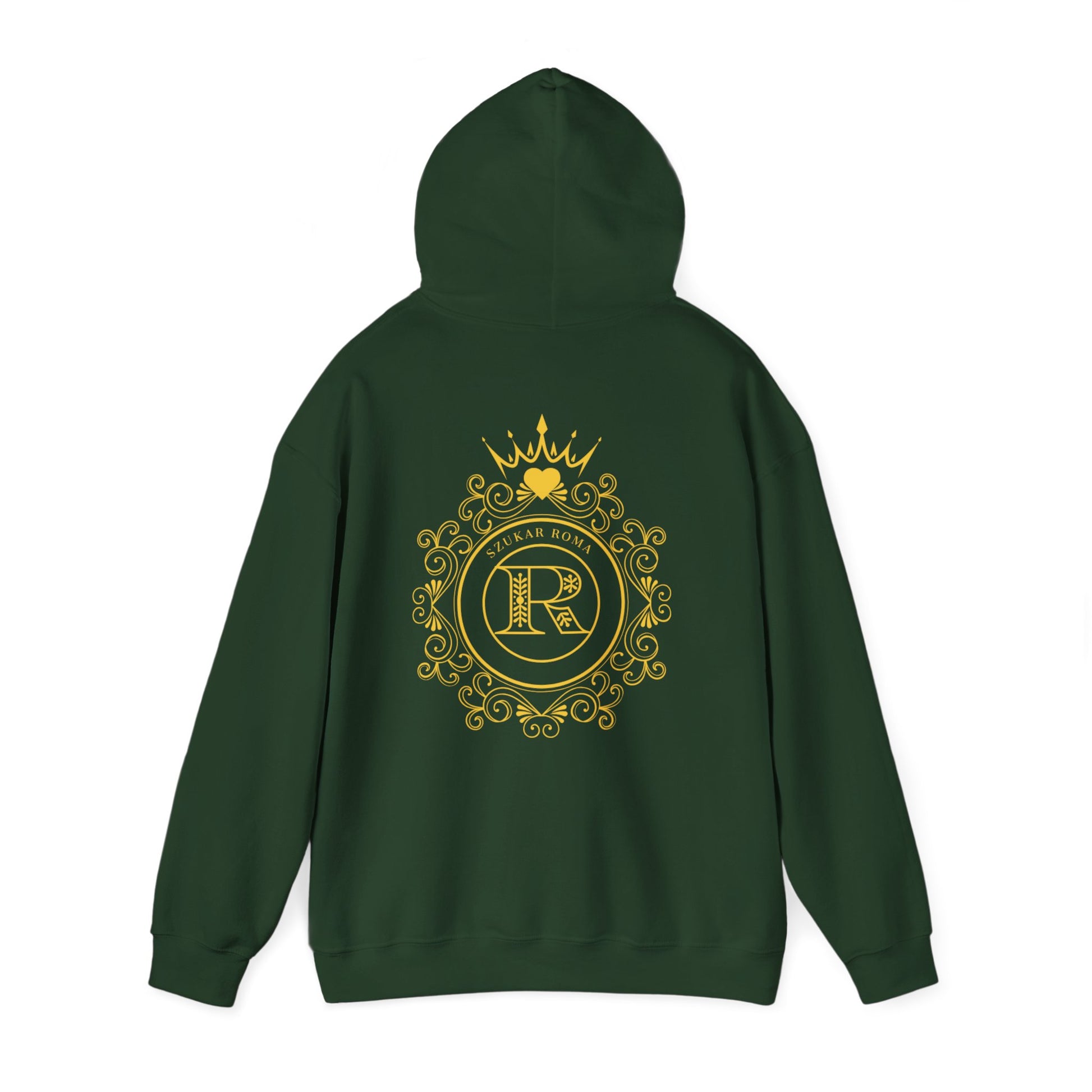 Centered emblem hoodie — crisp circle detailing with SZUKAR ROMA and royal letter R.


