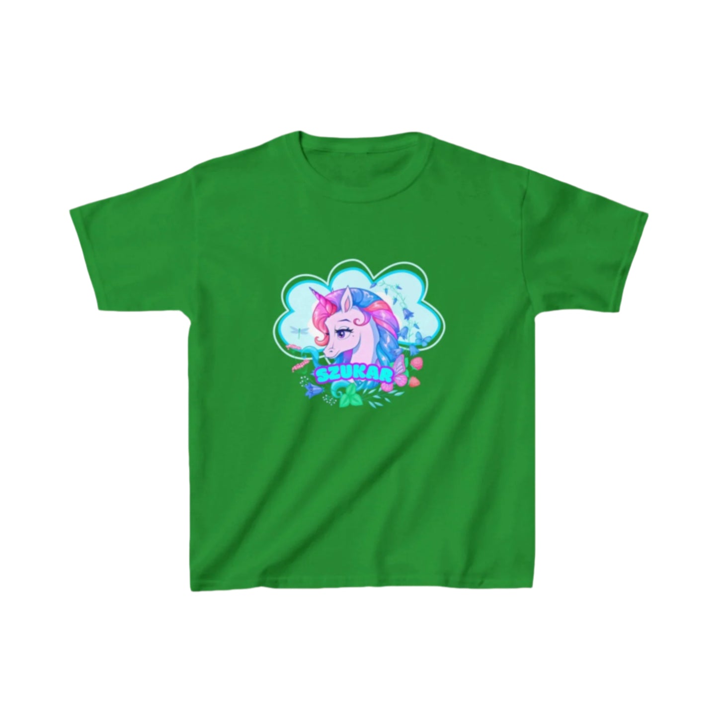 Adorable unicorn surrounded by musical notes on a playful children’s shirt.