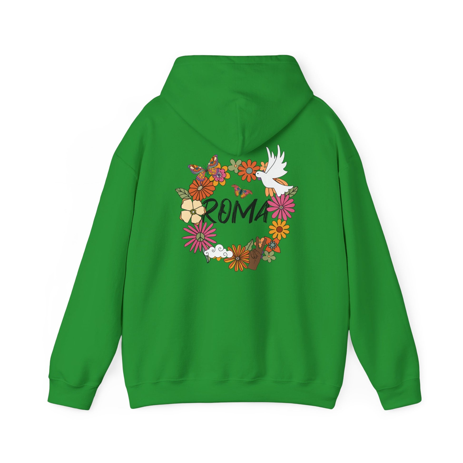 Cozy hoodie featuring an elegant flower ring with a centered dove and “ROMA” text positioned inside the circular design.

