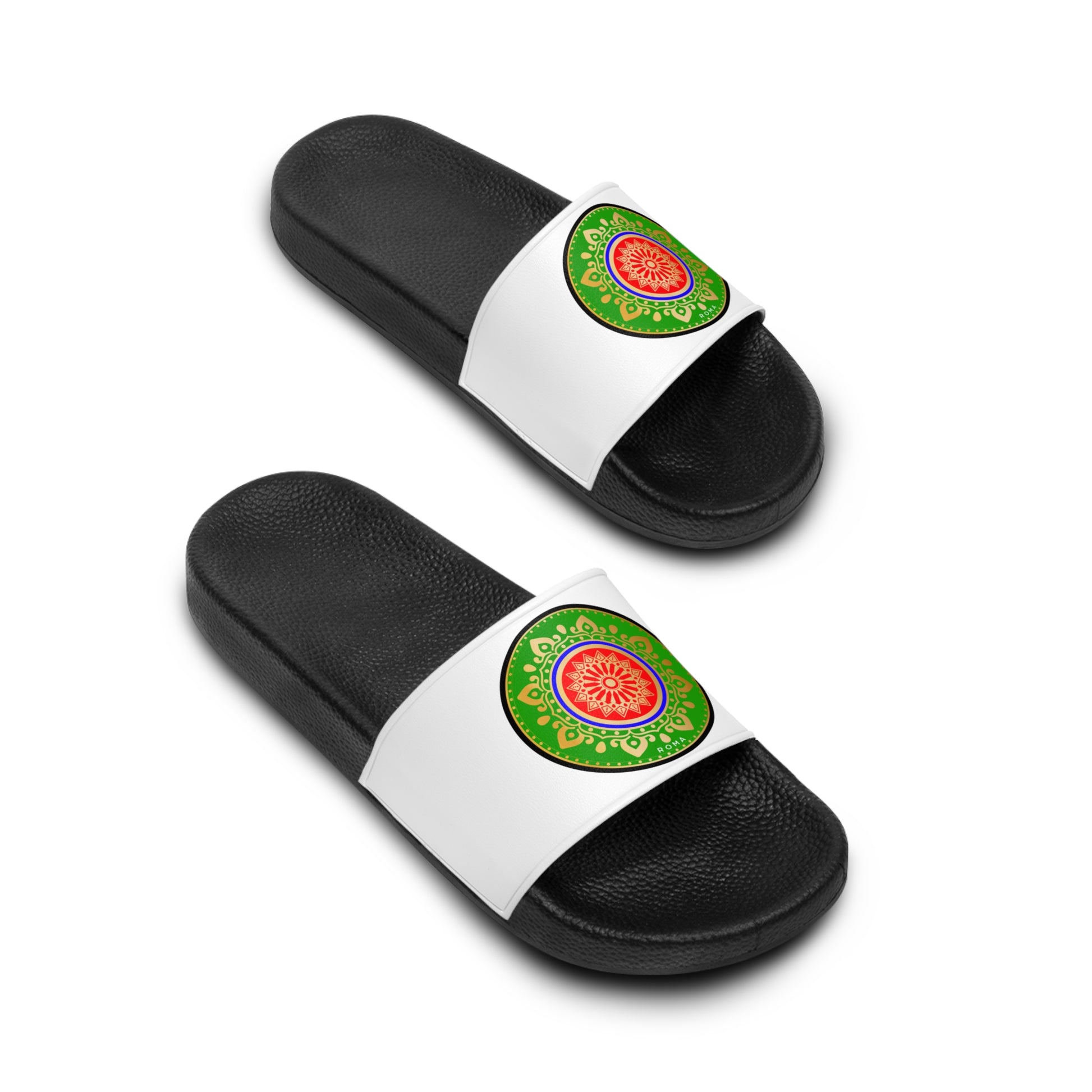 Slide sandal with layered Roma circle emblem—green and red core, bordered with gold, blue, and black trim.
