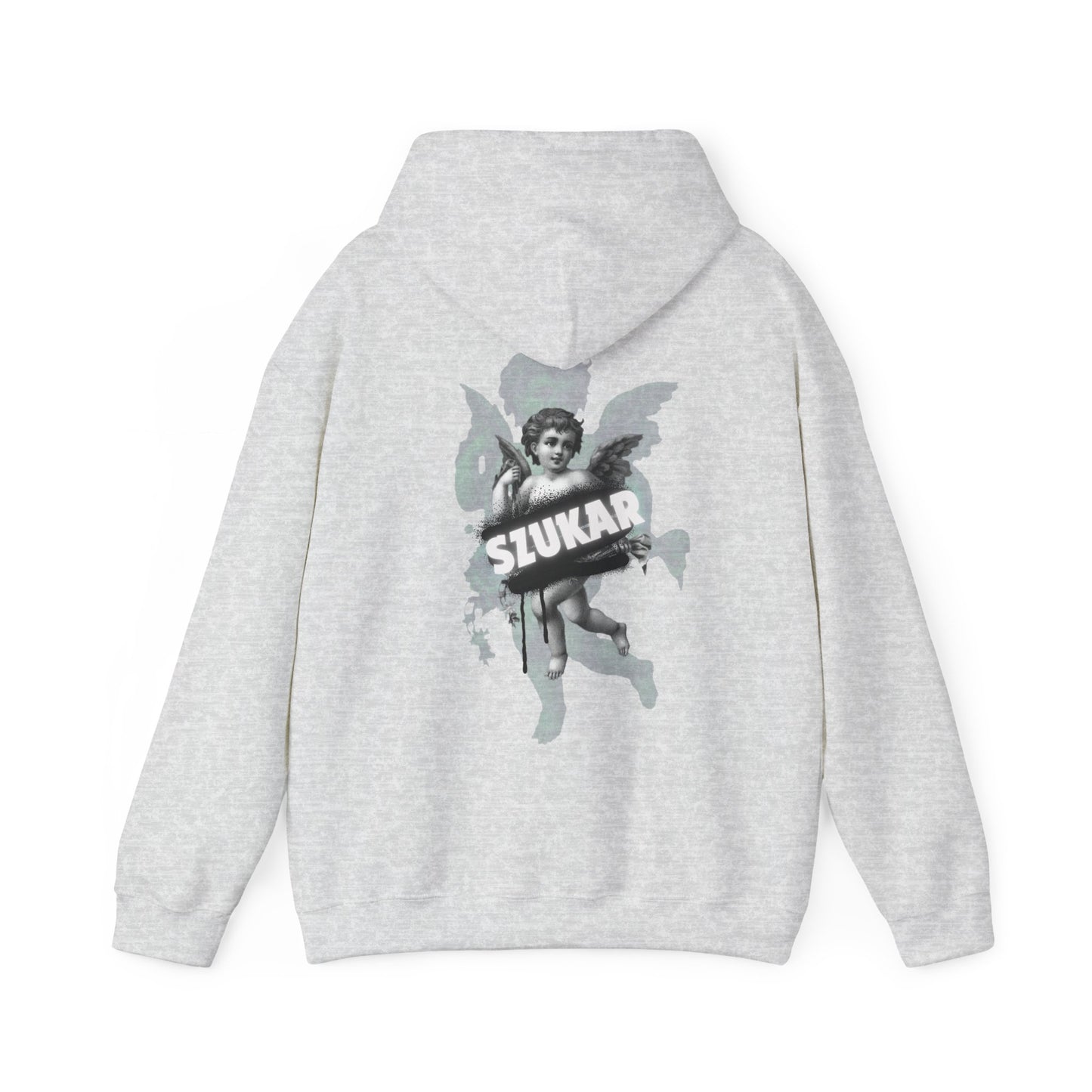 Streetwear hoodie with a dramatic angel artwork in grayscale and large ‘SZUKAR’ type across the back.