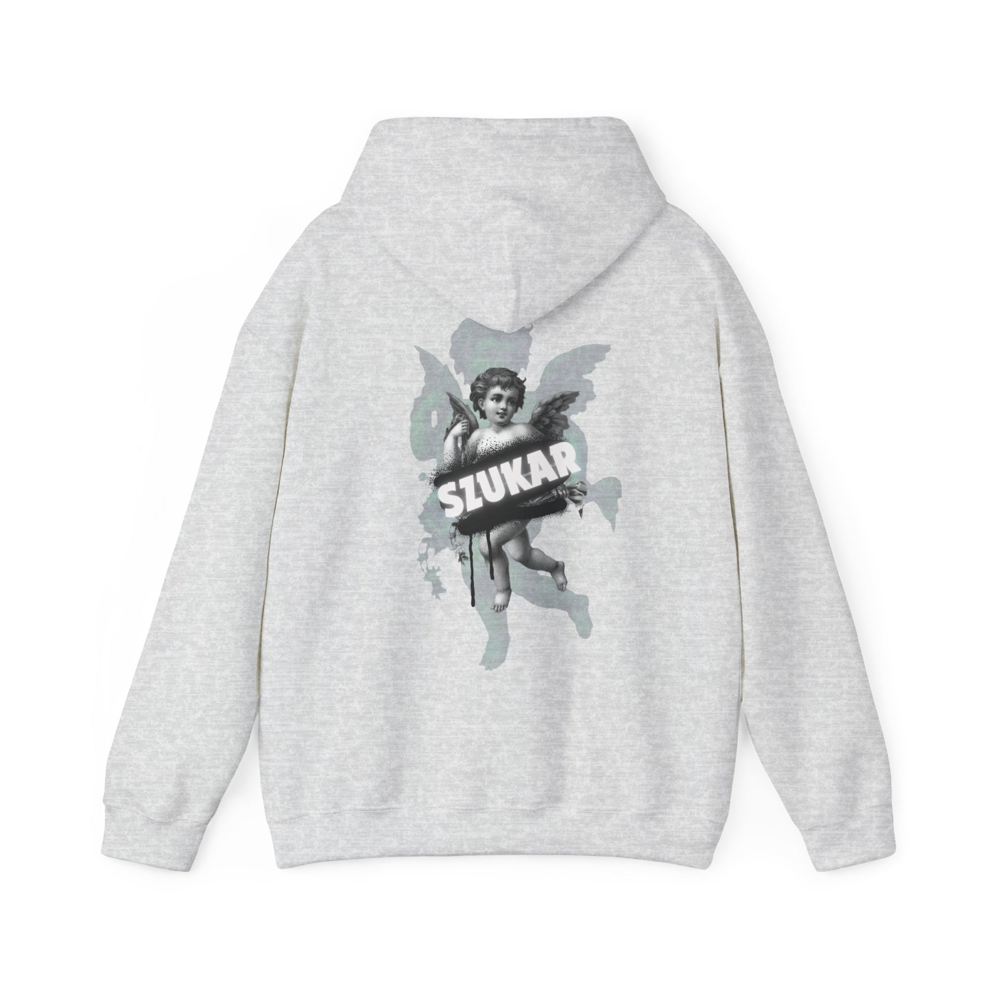 Streetwear hoodie with a dramatic angel artwork in grayscale and large ‘SZUKAR’ type across the back.