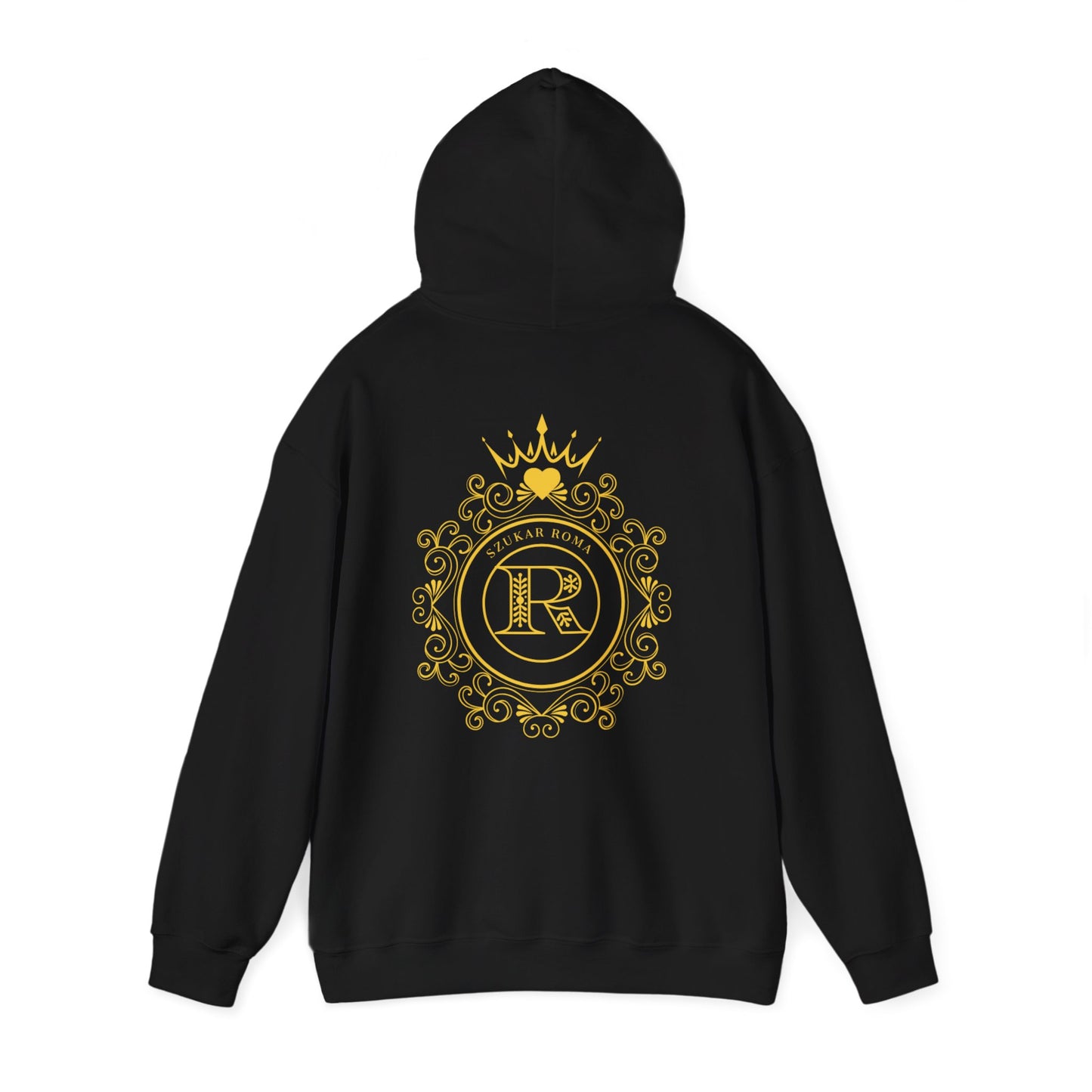 High-impact hoodie with a standout royal circle featuring R and SZUKAR ROMA for bold expression.

