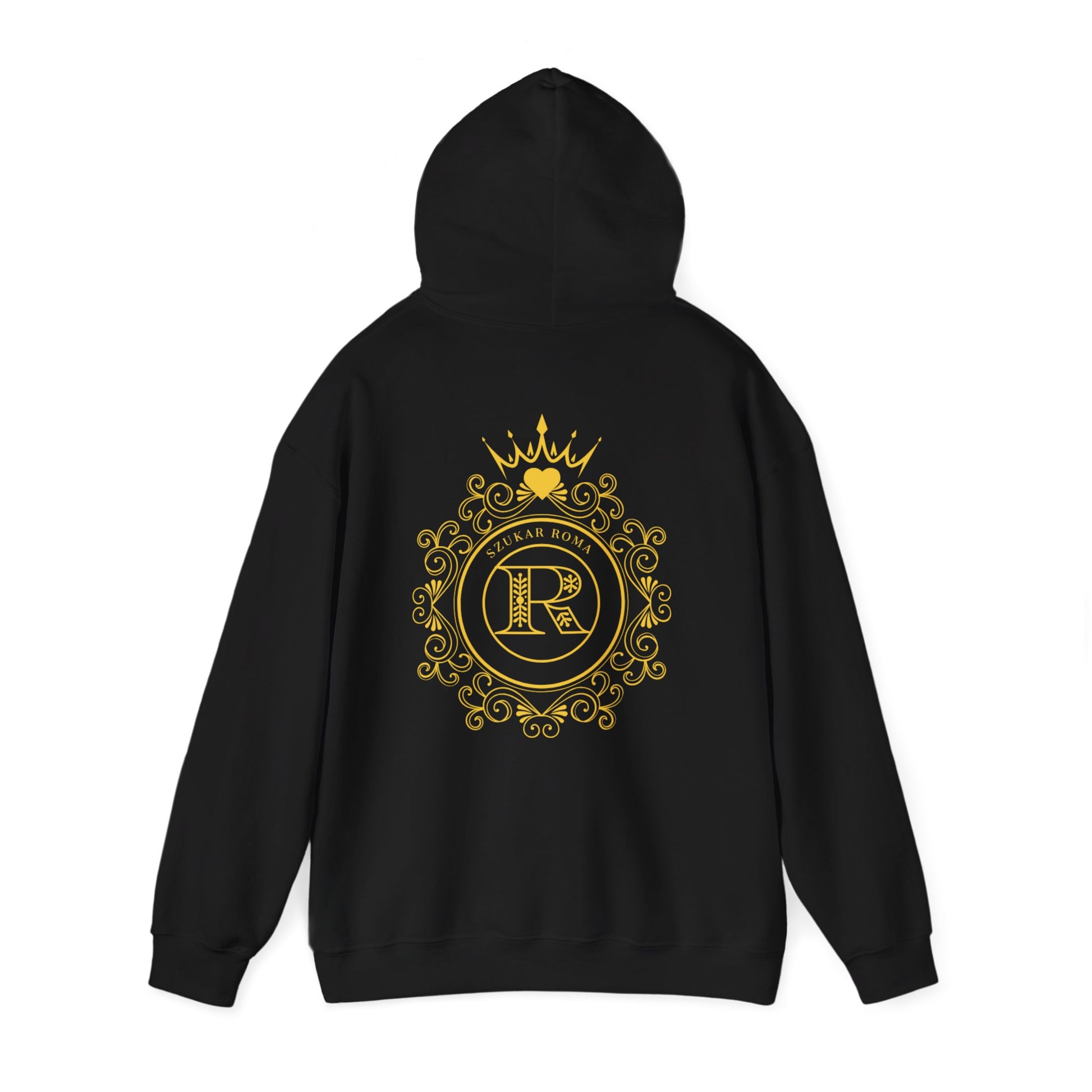 High-impact hoodie with a standout royal circle featuring R and SZUKAR ROMA for bold expression.

