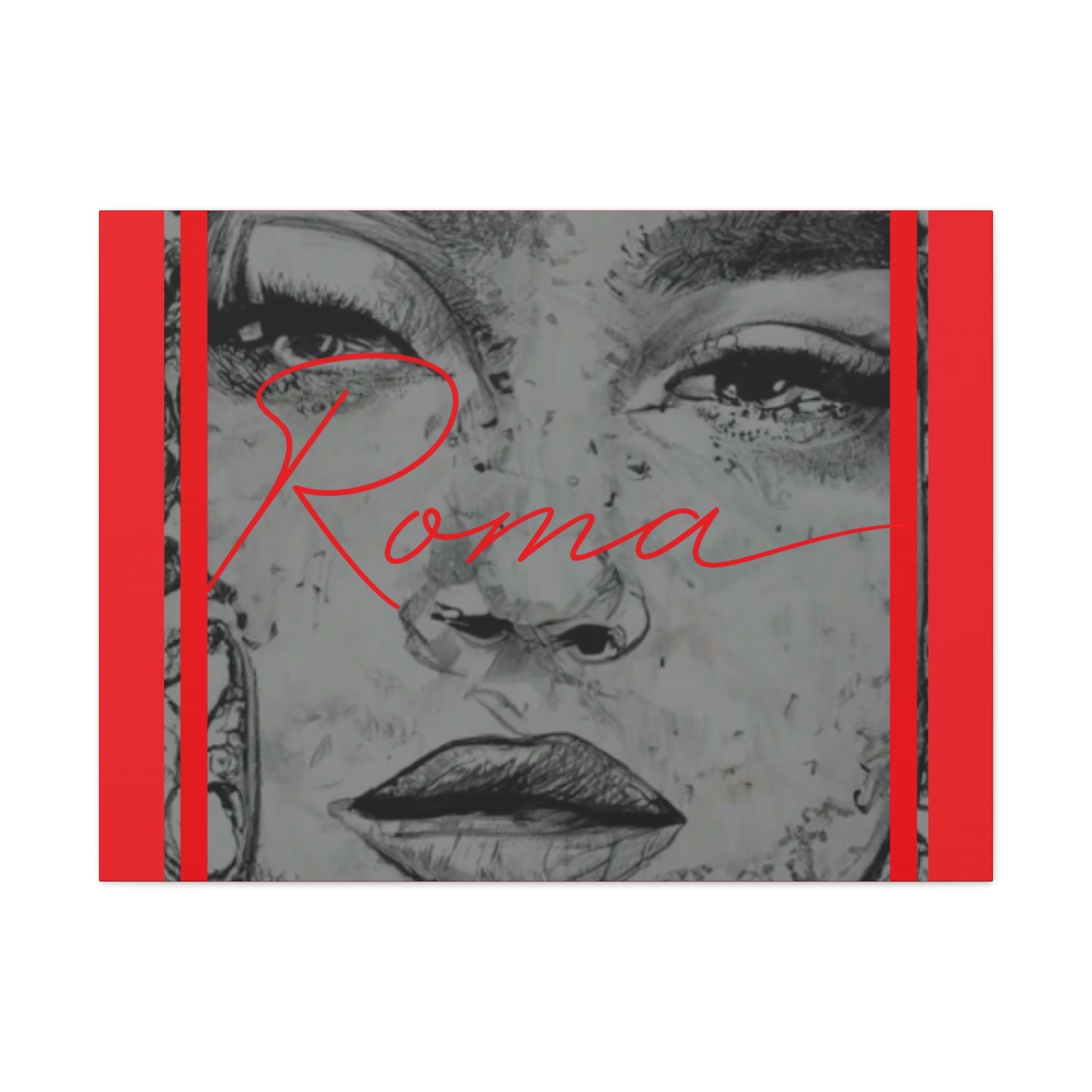 Emotive wall piece featuring a girl's face in warm tones, faint tears visible, while ROMA text stands confidently along the edge.