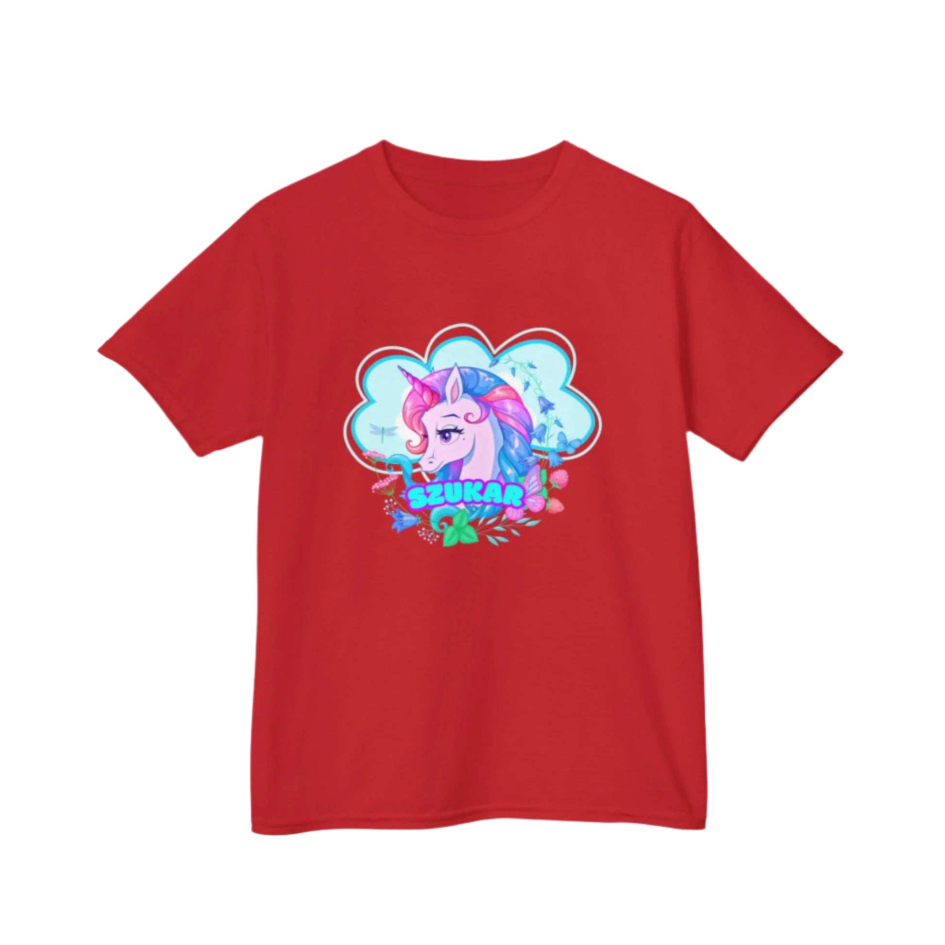 Soft cotton T-shirt for children with a cheerful unicorn graphic in the center.