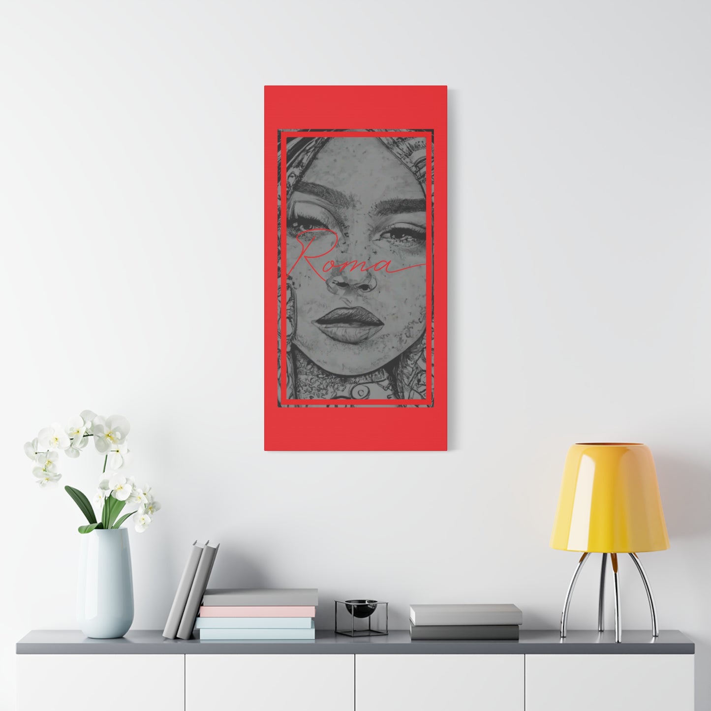 Portrait canvas of a girl in a delicate emotional state, contrasted by strong, vertical ROMA text.