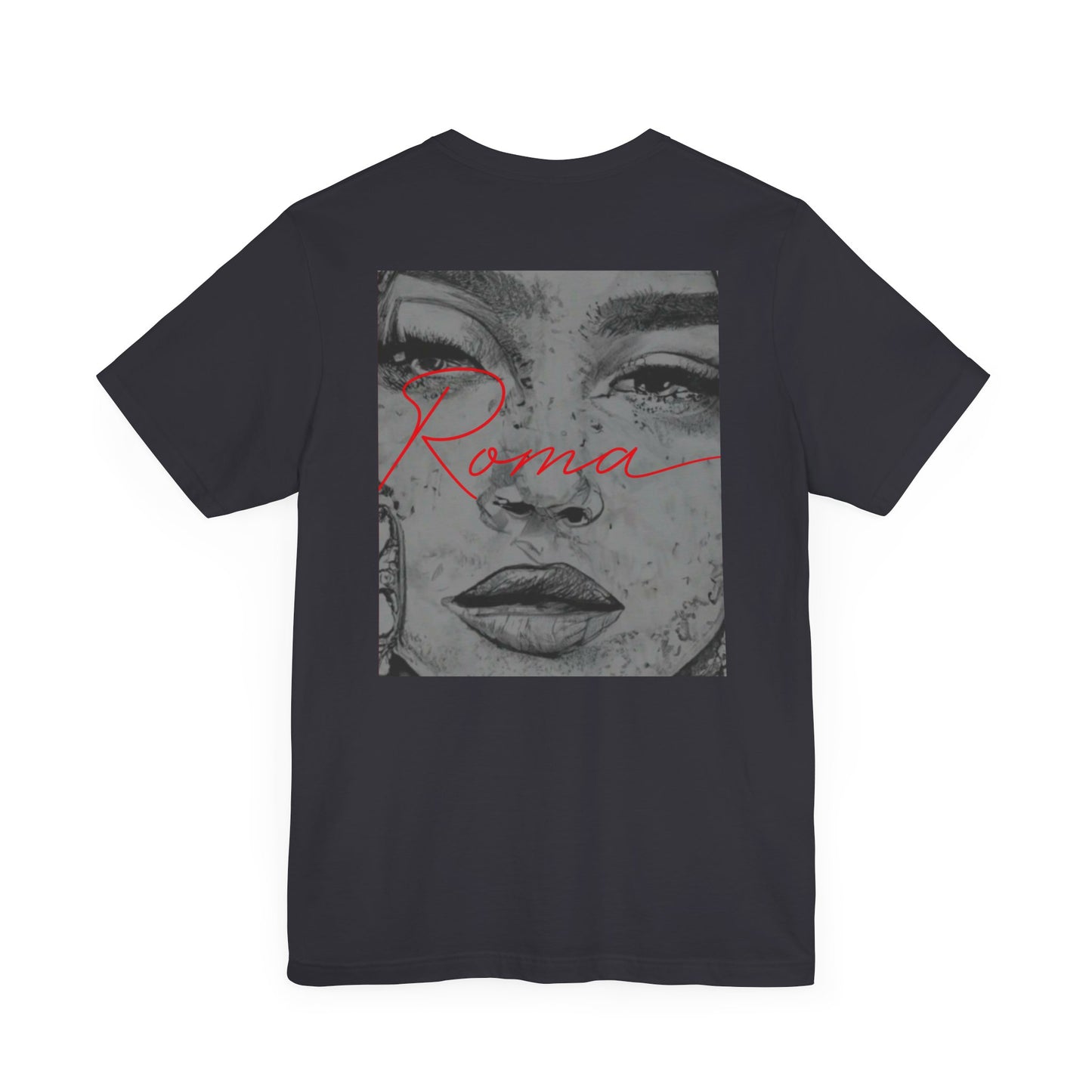 Modern black shirt featuring a strong Roma statue design, layered with ‘ATTENTION’ in the background and clean ‘Roma’ text underneath.