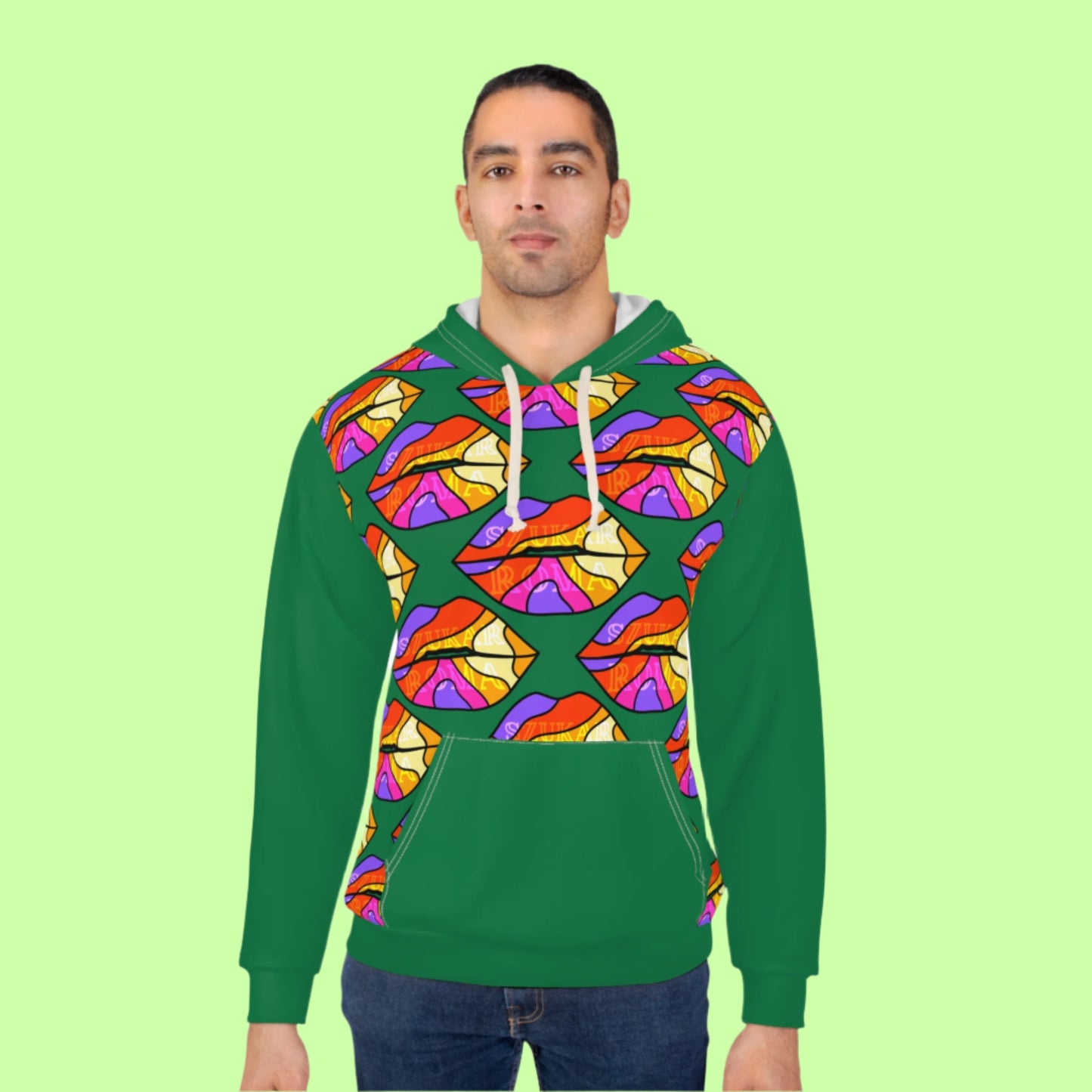 Green hoodie featuring a bold Roma-inspired graphic on the chest.