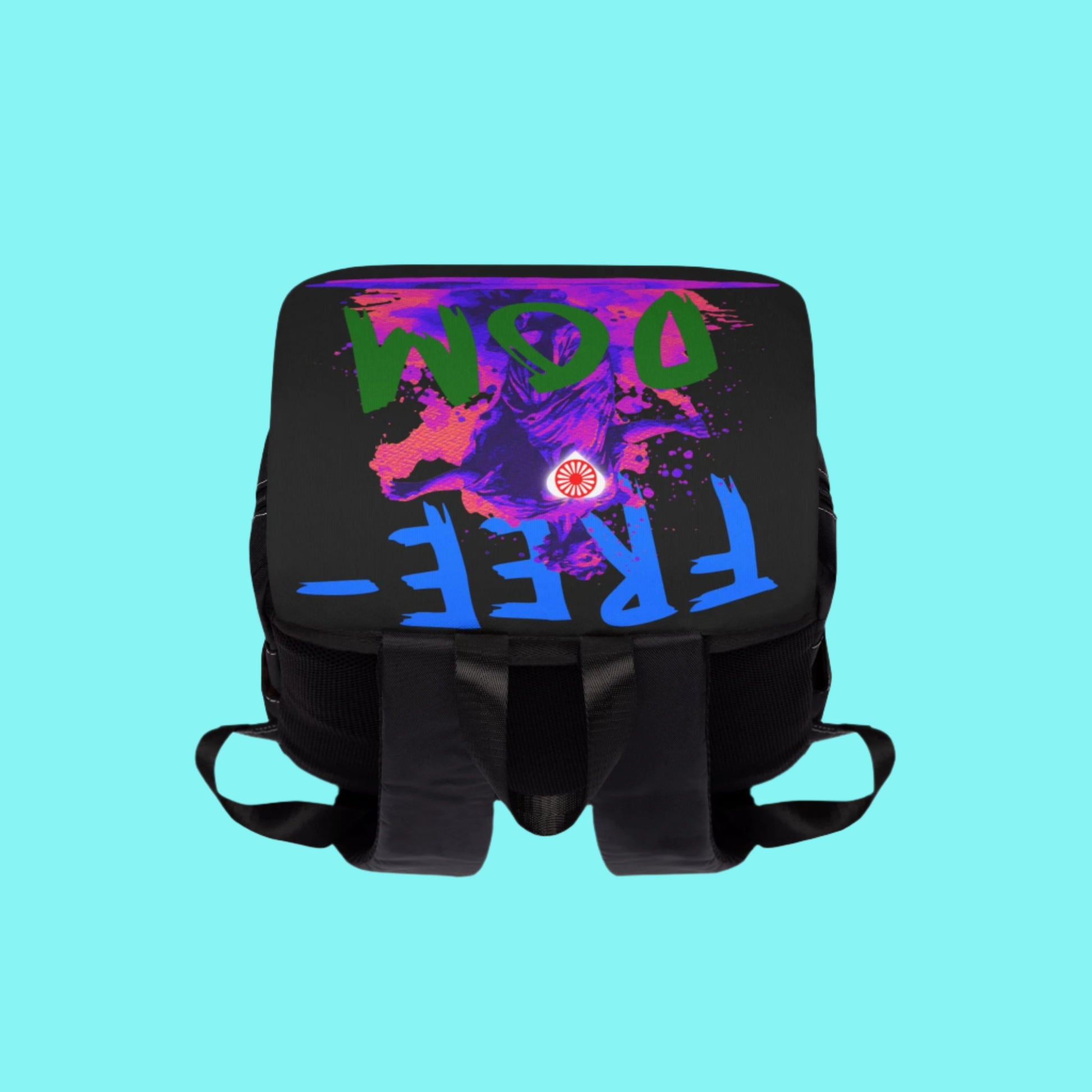 Backpack featuring bold “FREEDOM” text prominently displayed on the front panel.


