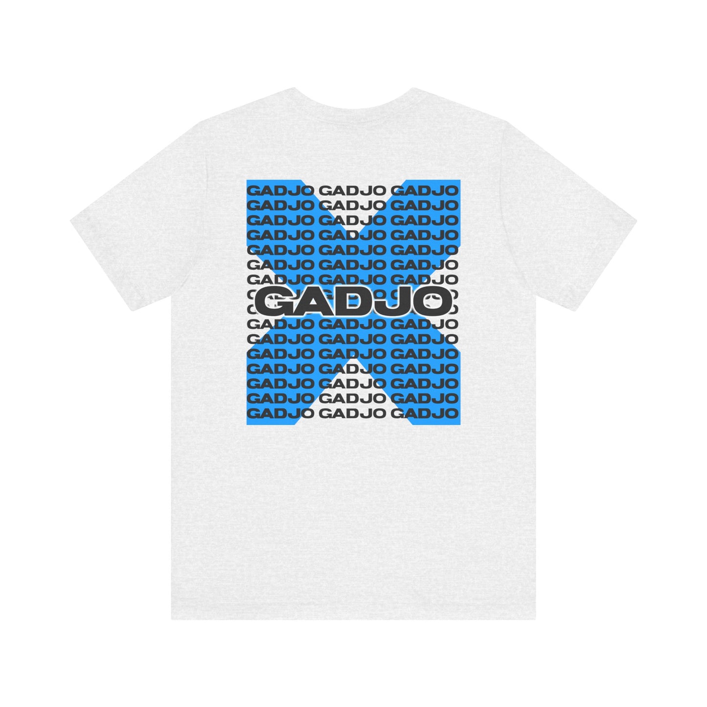 T-shirt featuring GADJO in cursive script with spark-like accents around the word.