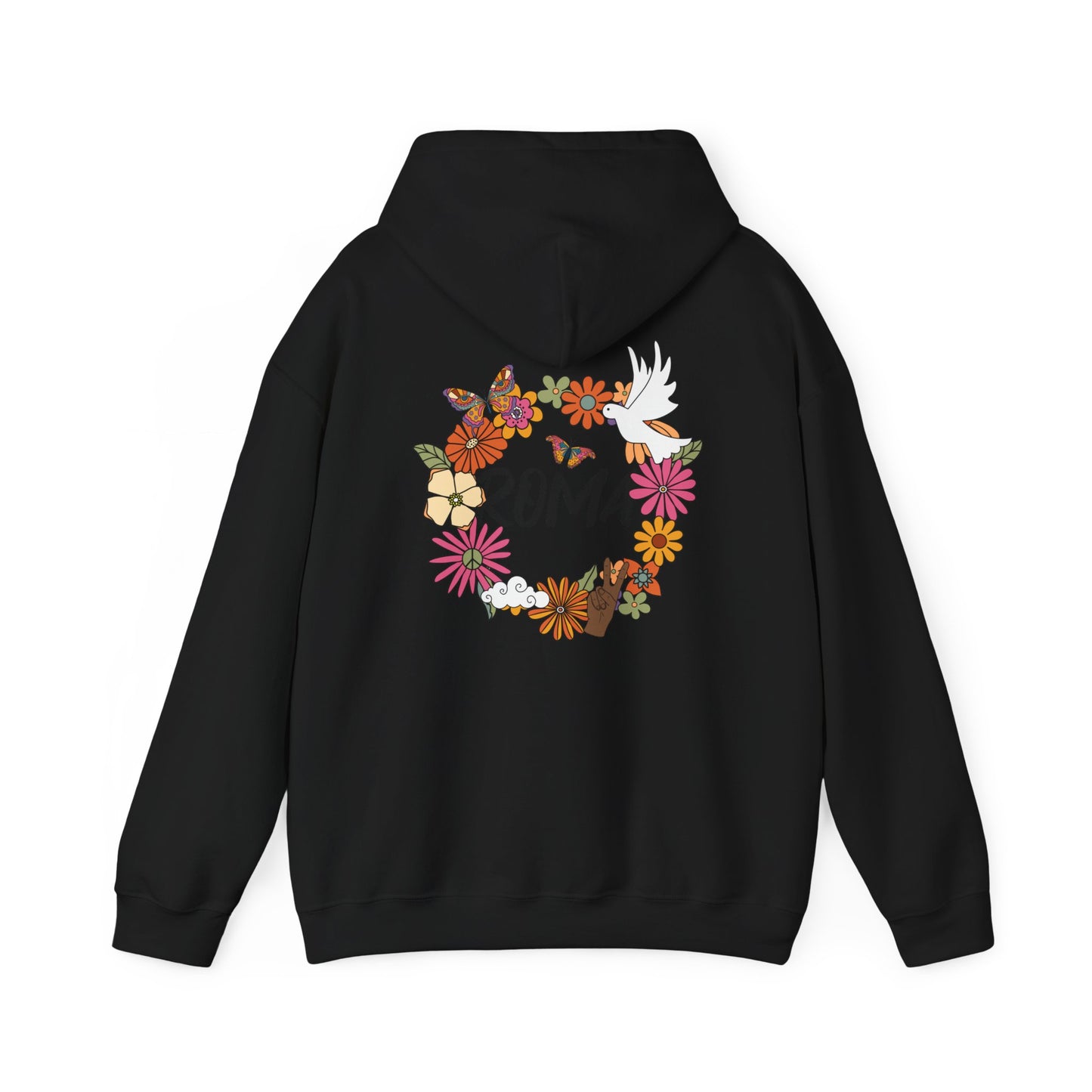 Street-style hoodie with bold “ROMA” lettering cradled inside a floral circle and a white dove above the text.