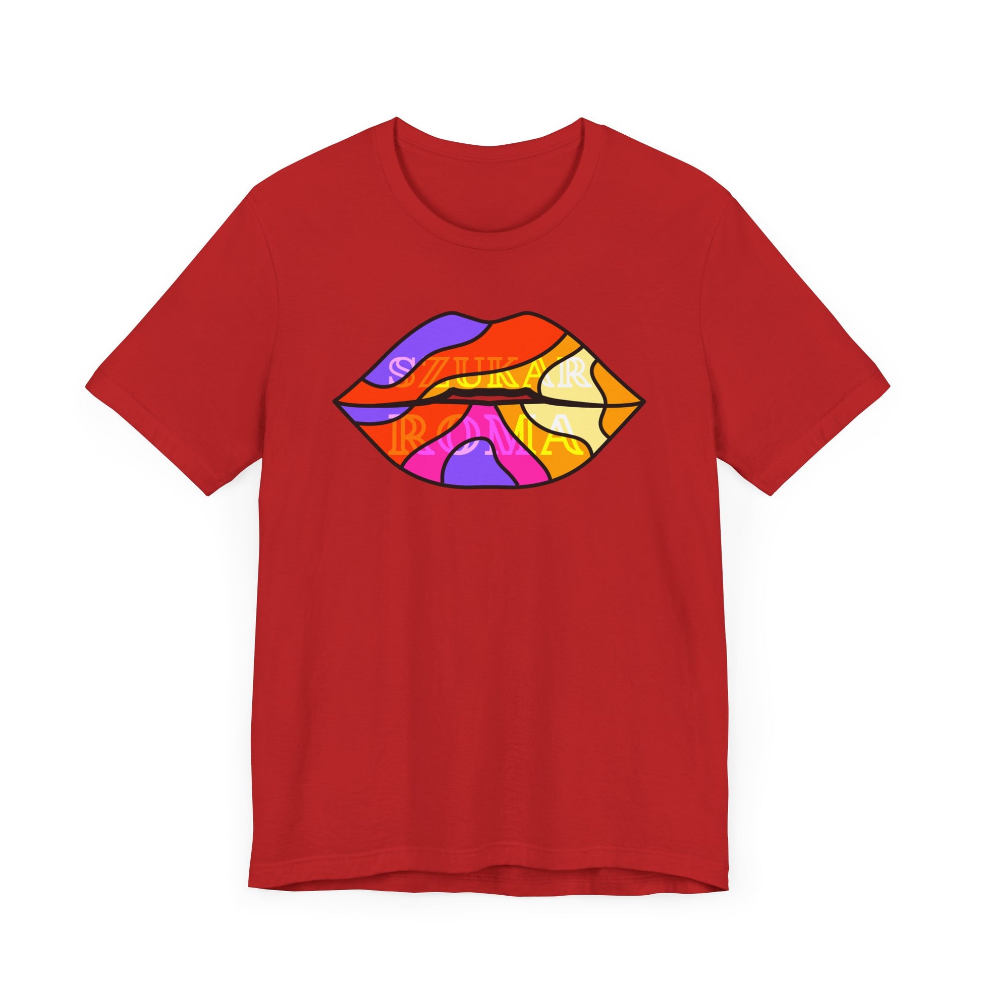 Colorful lips design with faded SUKAR ROMA text blending into shirt fabric