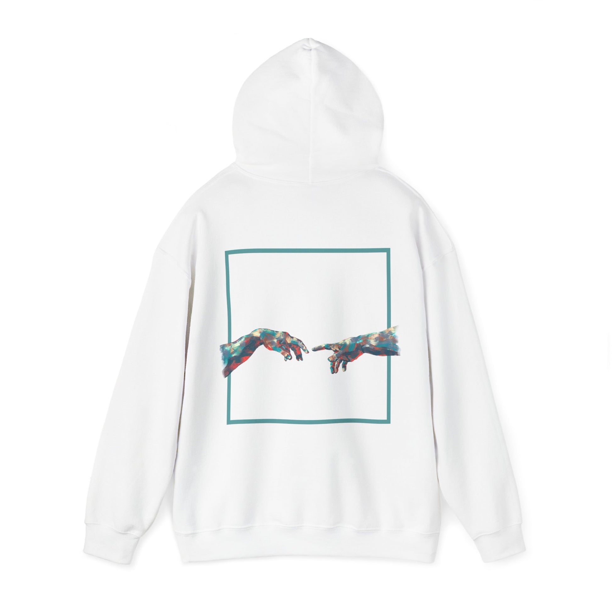Stylish hoodie featuring “BUT BAHT” and an image of hands reaching out in unity.
