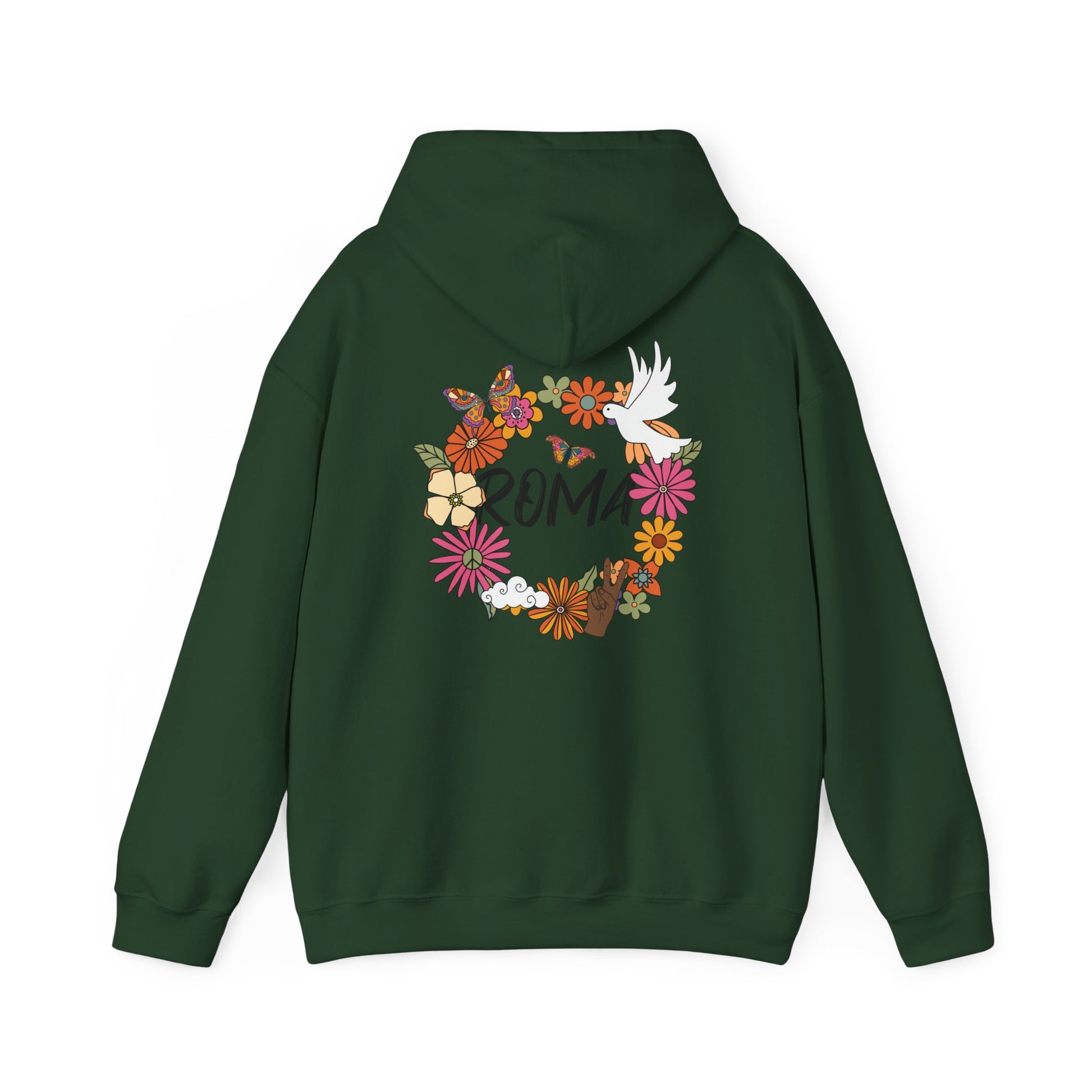 Hoodie with a circle of soft flowers surrounding a dove, with “ROMA” text placed neatly inside the floral frame.