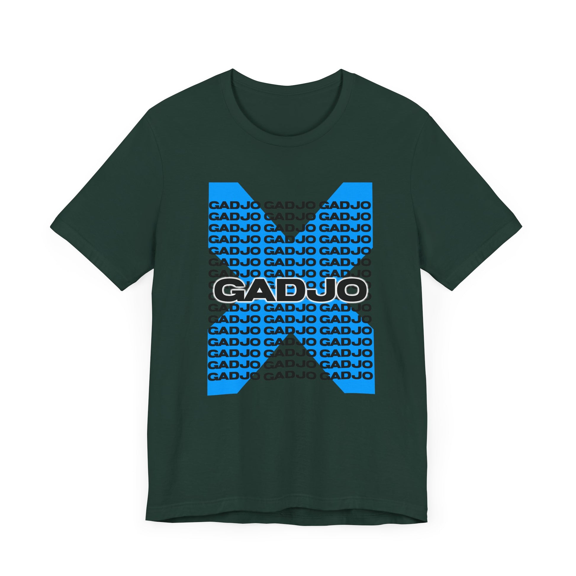 Minimalist short sleeve t-shirt with centered GADJO text in sharp block lettering.