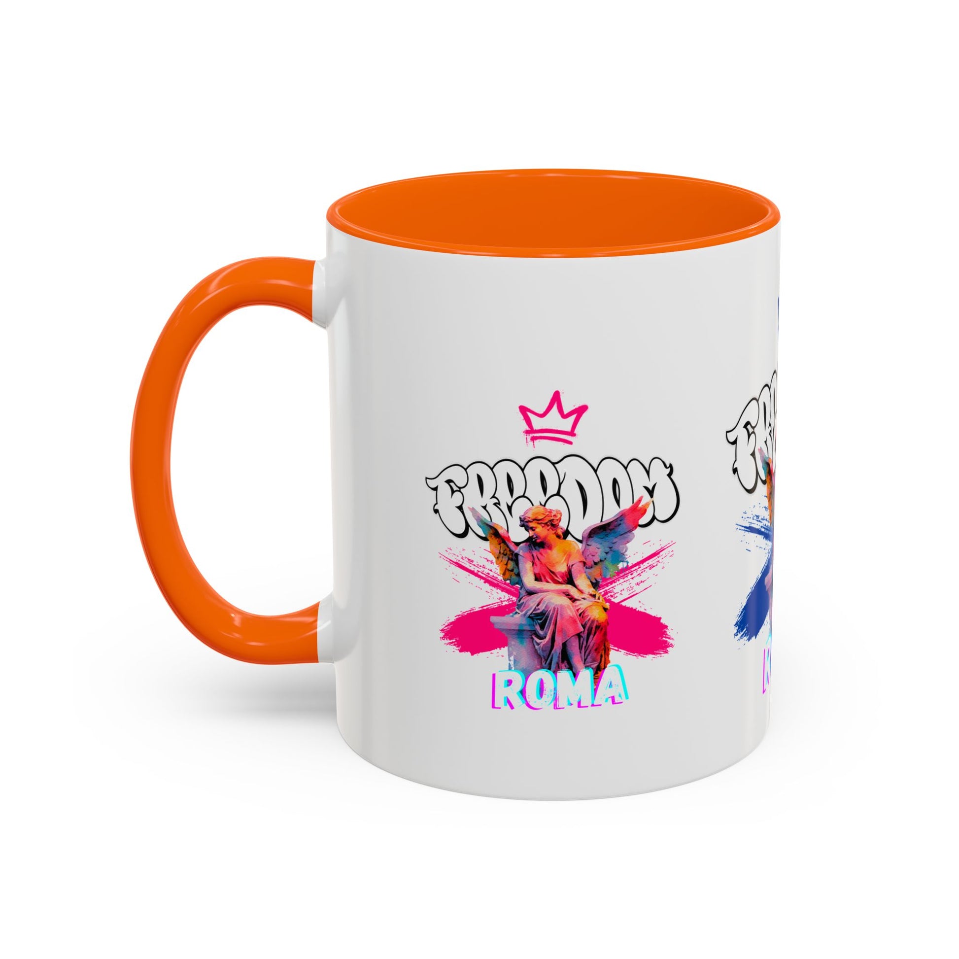 Modern white mug with green accents and crowned angel graphic with hidden message