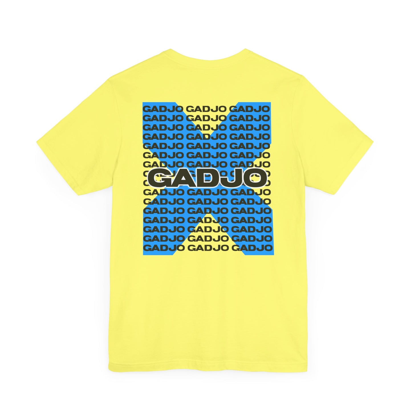Minimalist t-shirt design with GADJO in outlined letters, centered over a sunburst motif.