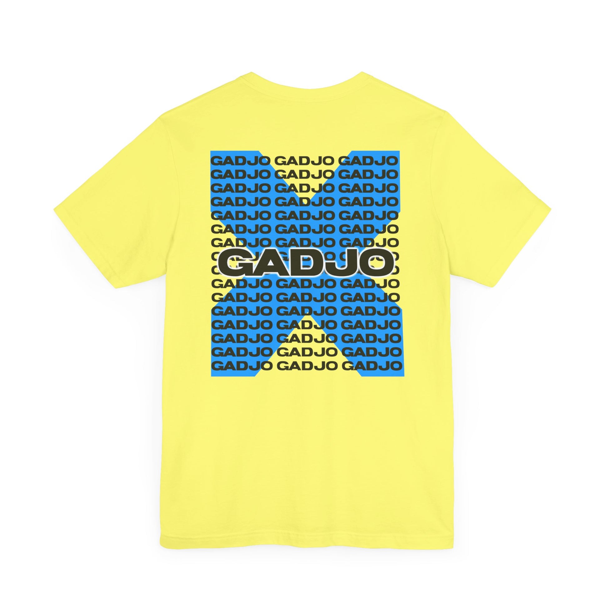 Minimalist t-shirt design with GADJO in outlined letters, centered over a sunburst motif.
