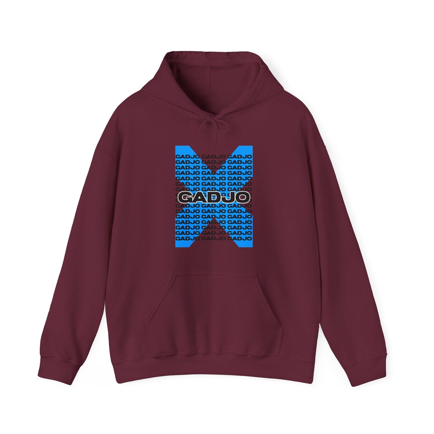 Hoodie with “GADJO” text in vintage varsity lettering style across the upper chest.

