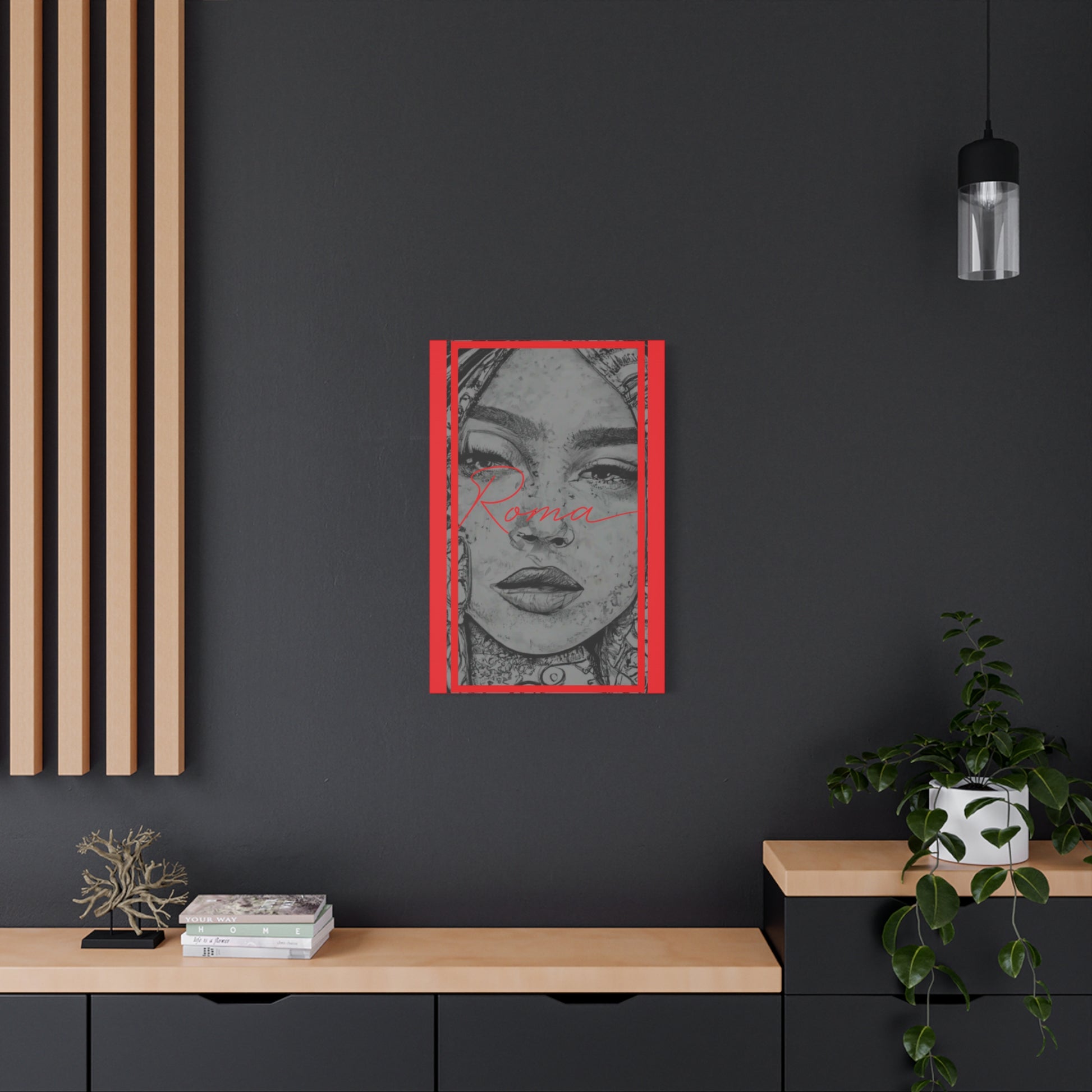 Wall decor canvas capturing silent emotion in a girl’s expression, contrasted with clean ROMA text