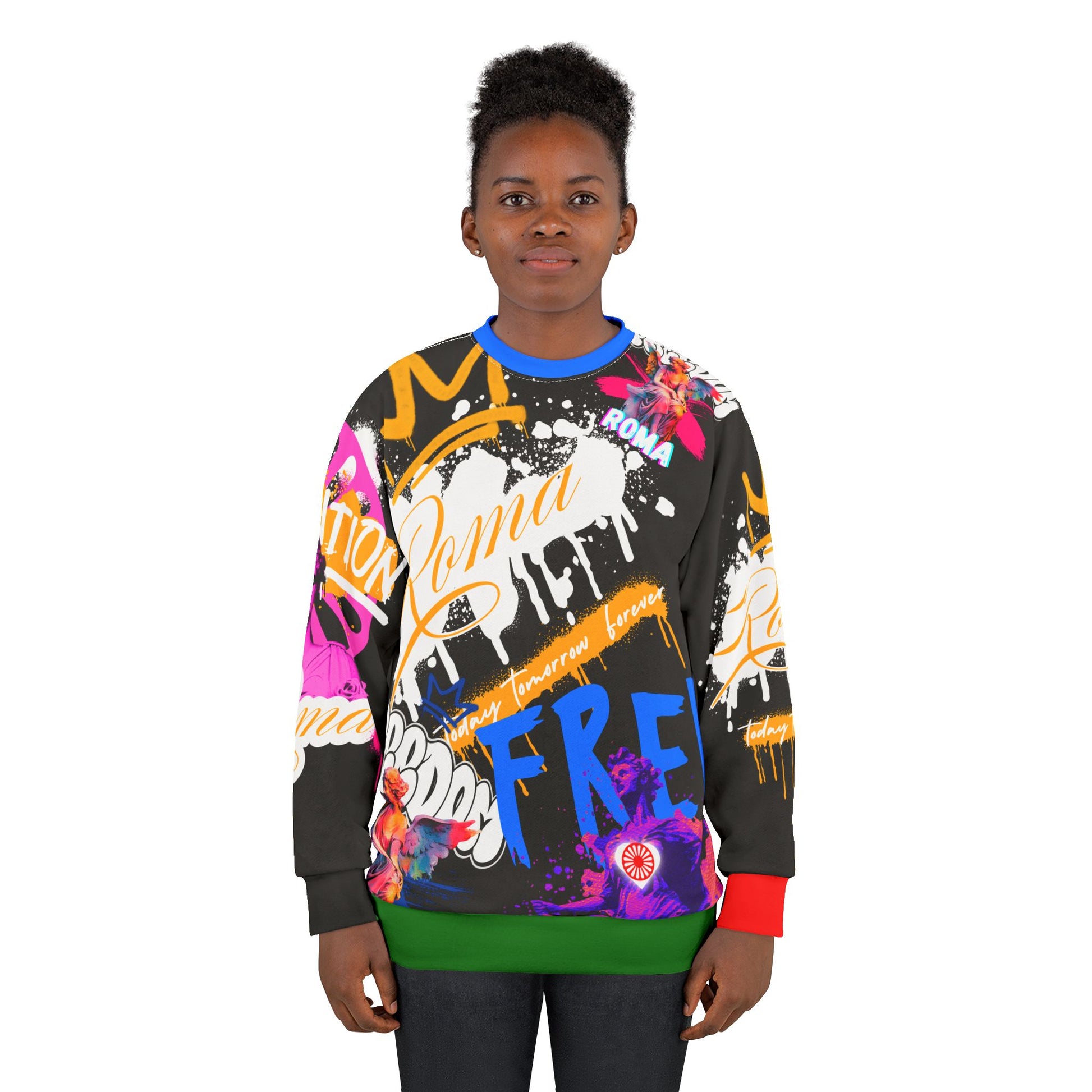 All-over print long sleeve shirt featuring a golden crown at the chest with the word 'FREEDOM' boldly printed beneath, extending into royal-themed patterns across the sleeves.