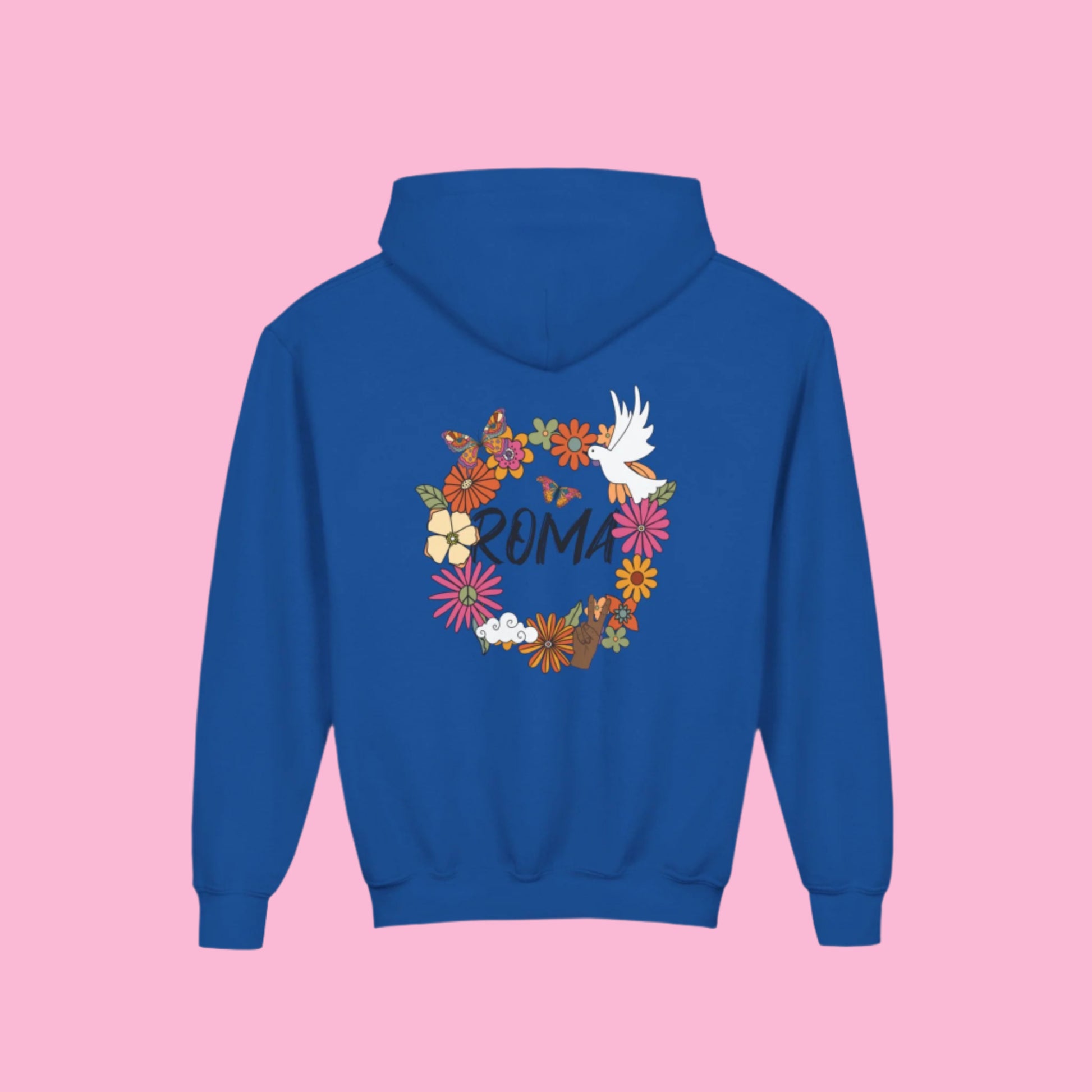 Youth hoodie with soft blooms and vibrant ROMA design — perfect for little ones who love color and culture