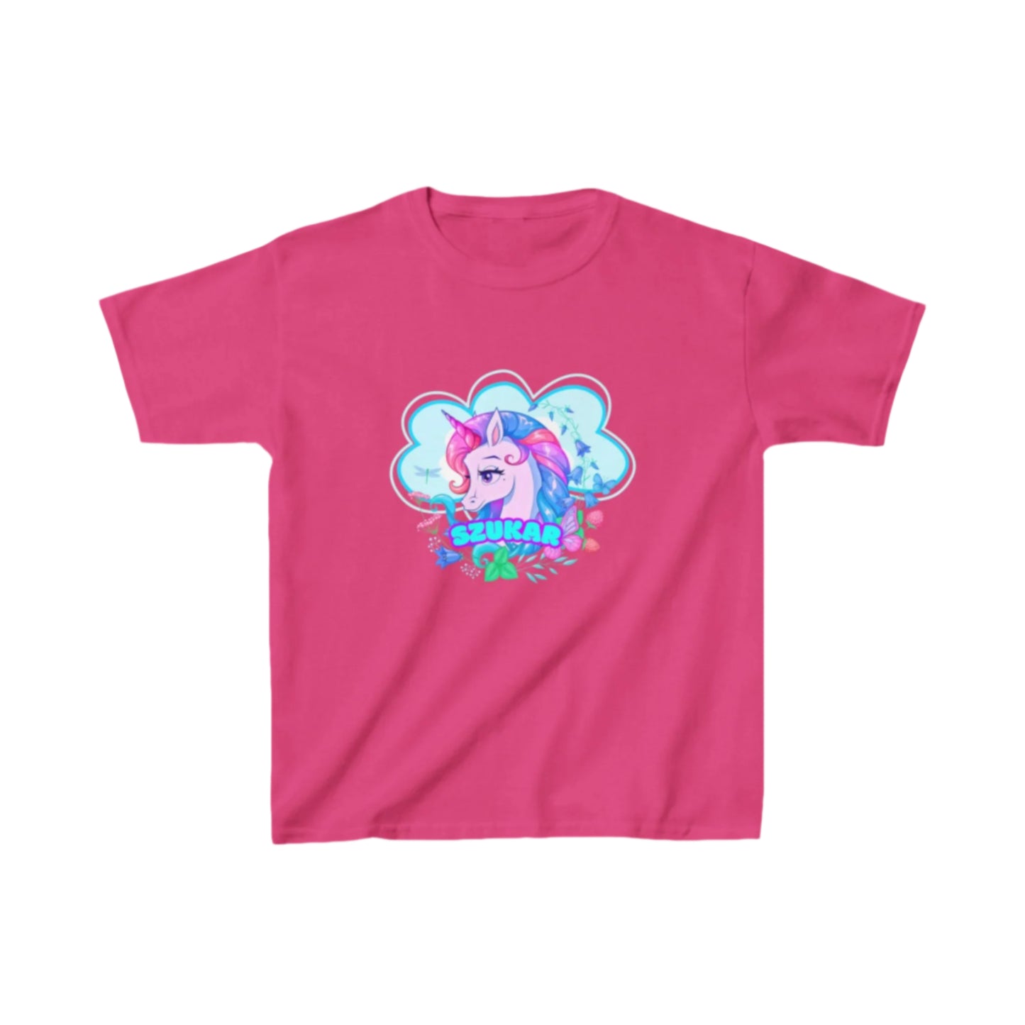 Magical unicorn surrounded by crystals and butterflies on a soft cotton tee.