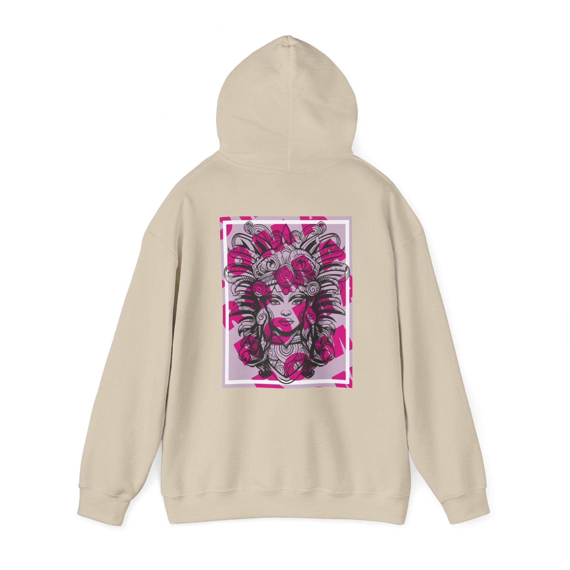 Detailed hoodie print showing the serene close-up of a girl’s face with natural highlights.

