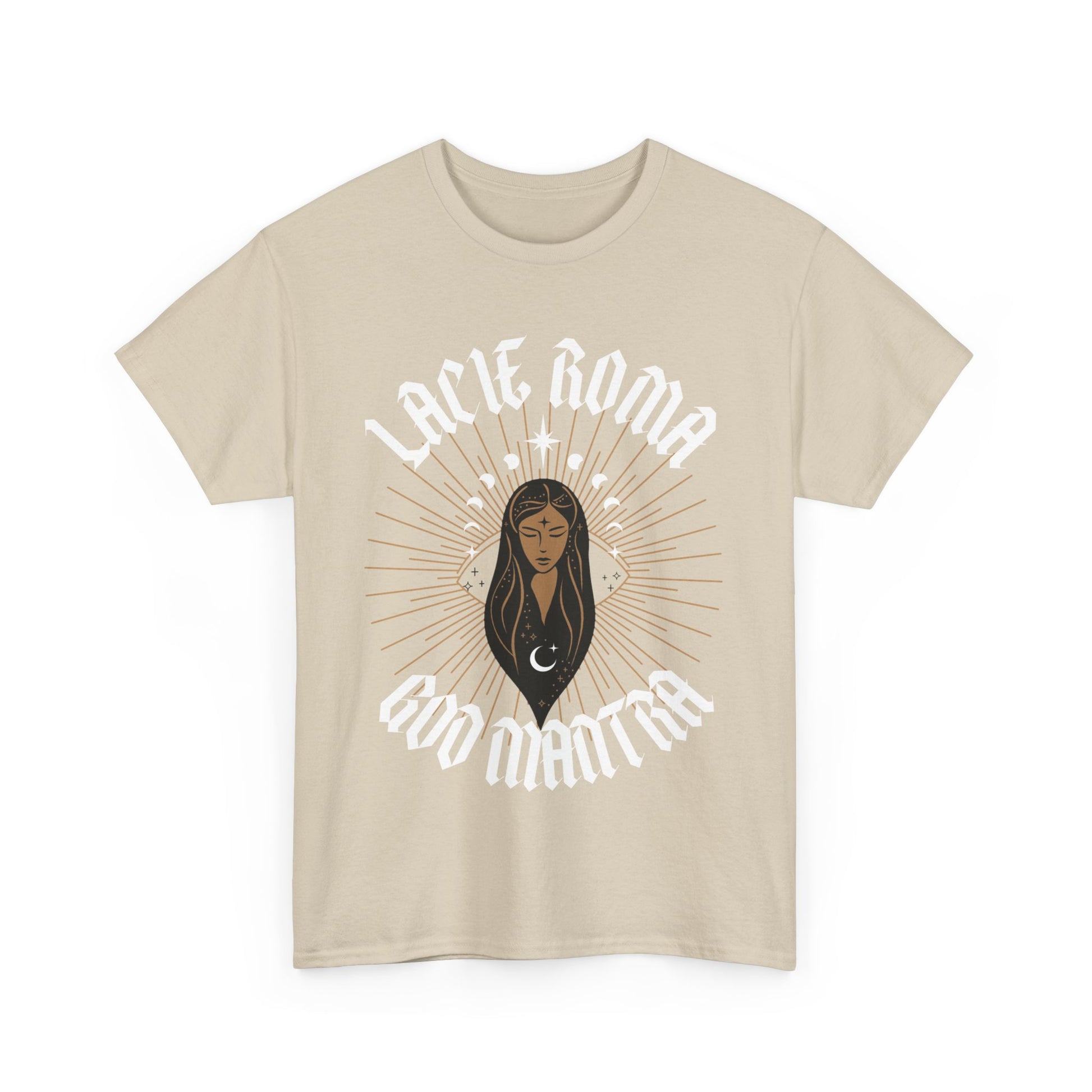 Celestial design tee—ethereal girl framed with a spiritual aura of the sun and cosmic symbols, topped with 'LACIE ROMA' and grounded by 'GOO Mantra'.