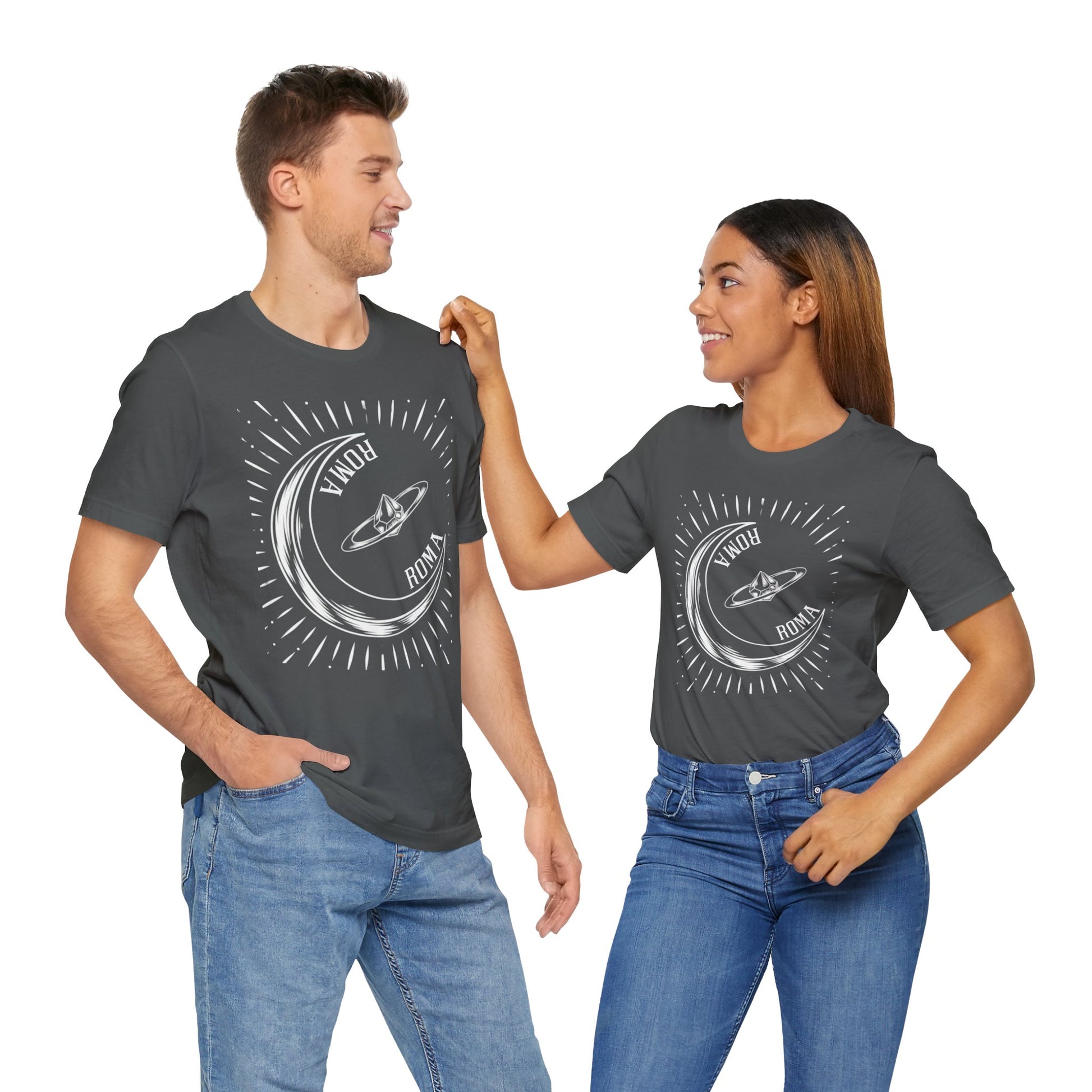Two People wearing T-shirst  cotton tee with a white ROMA label and dreamy moon motif.