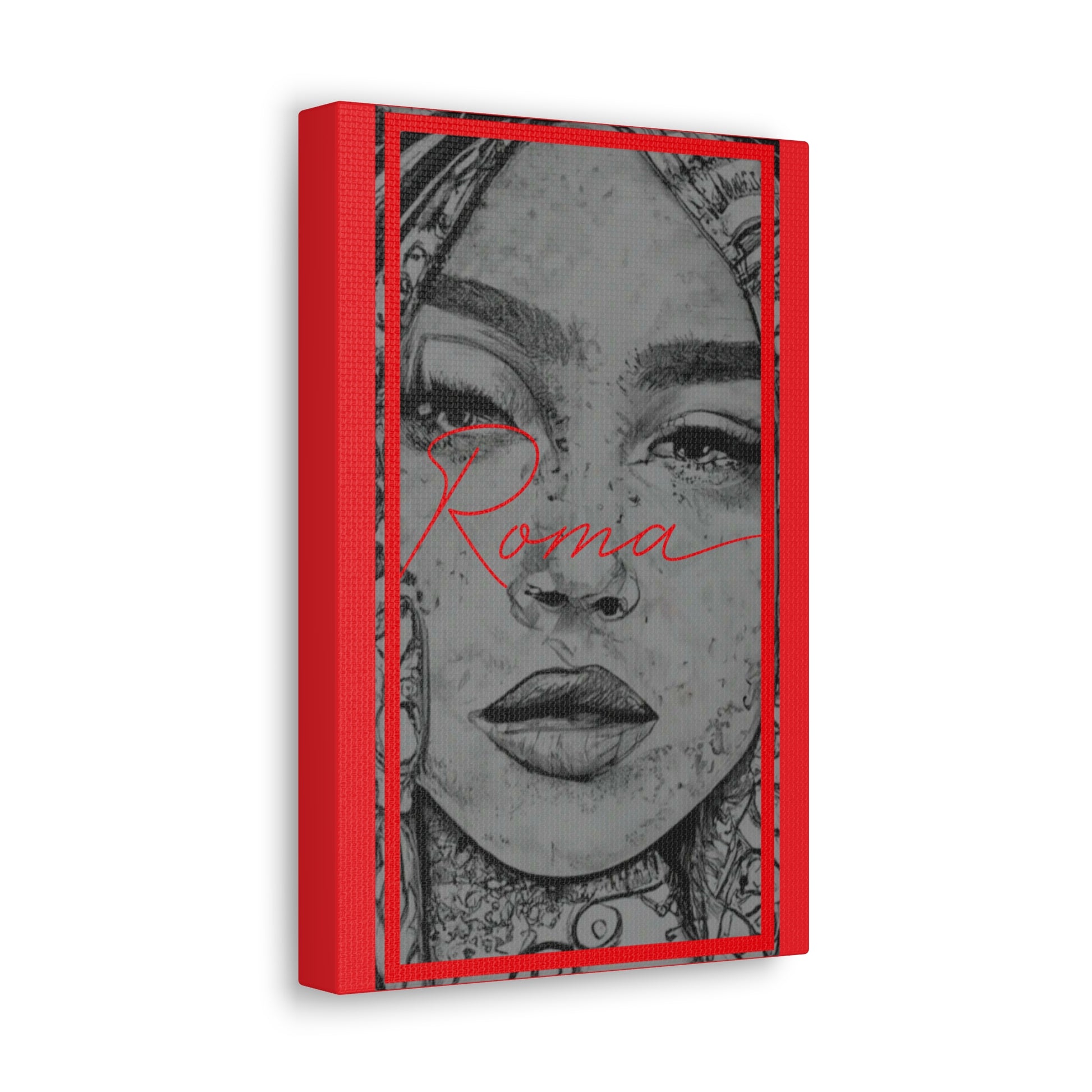 Canvas print showcasing an intense emotional close-up of a girl's face, tearful yet fierce, with ROMA boldly placed beside her.