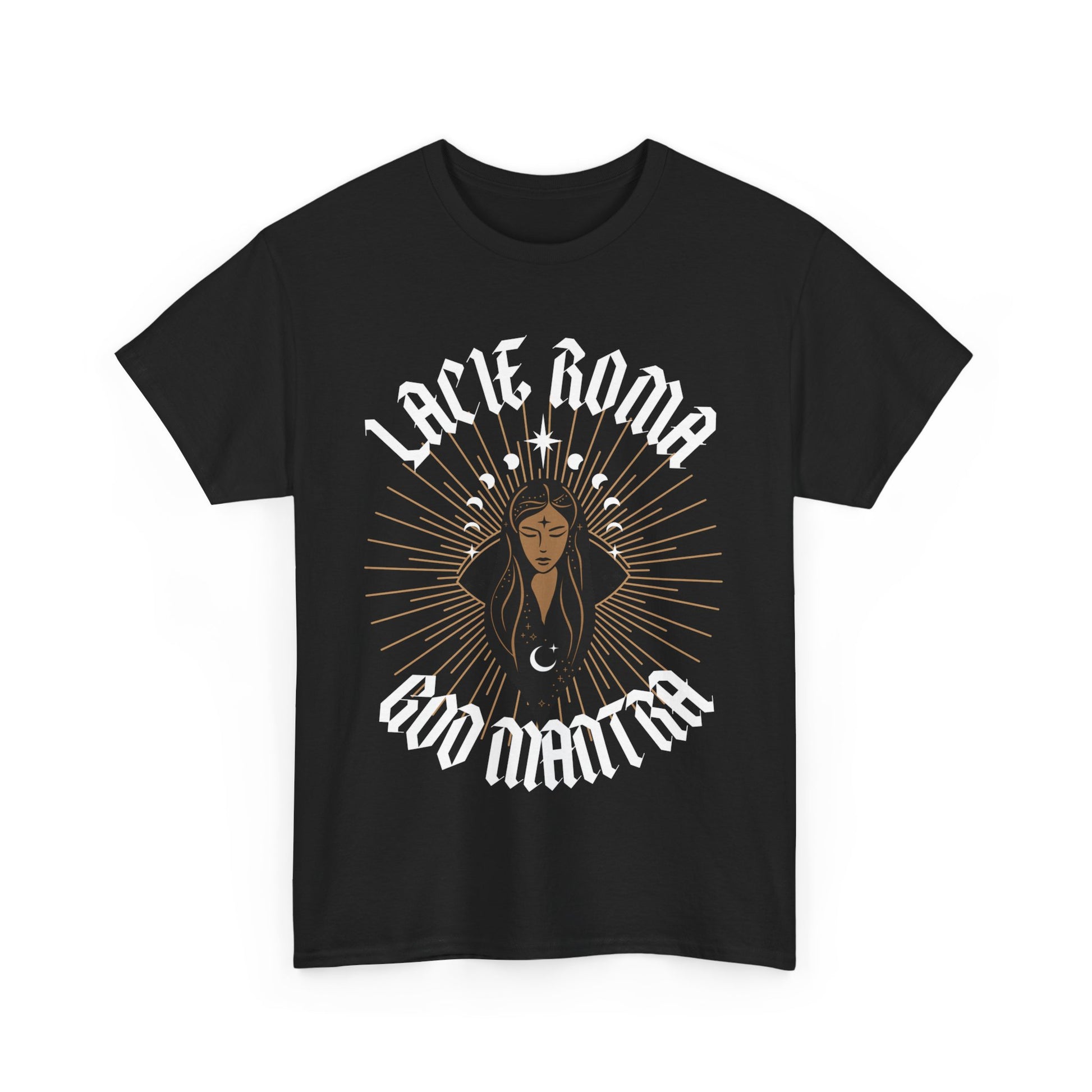 T-shirt design with a goddess-like girl in the center, surrounded by sun beams, tribal symbols, and floating moons and stars, with 'LACIE ROMA' at the top and 'GOO Mantra' beneath.