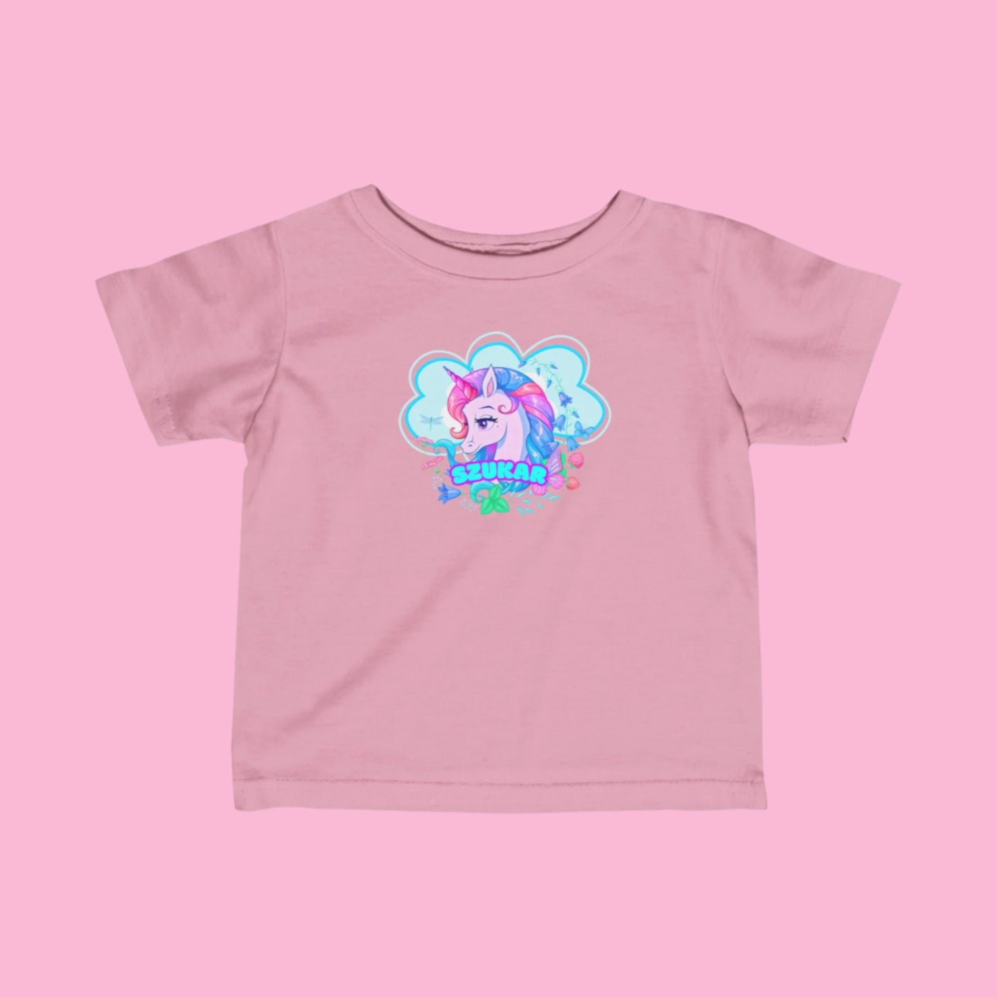 Short sleeve pink T-shirt for kids with Unicorn design.