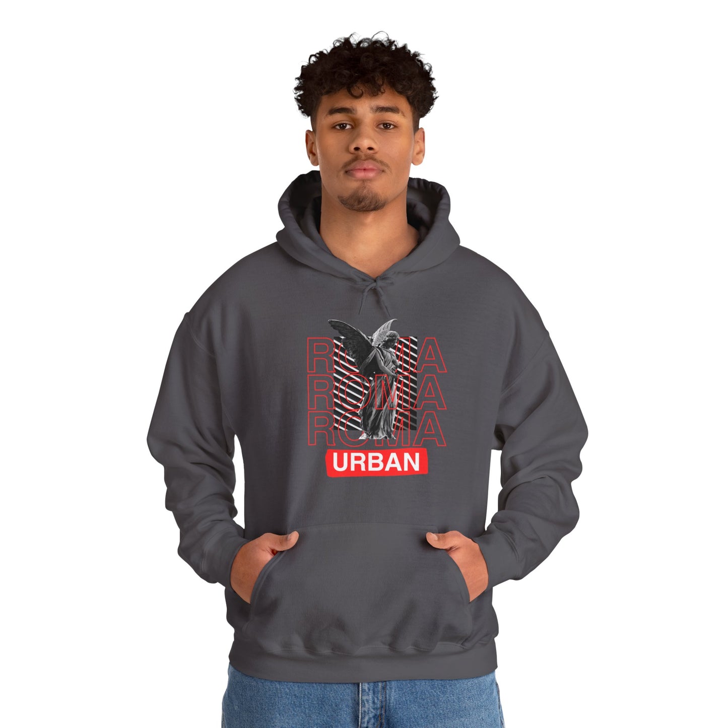 Hoodie with vintage Roma statue fused into ROMA lettering and urban-style text beneath.
