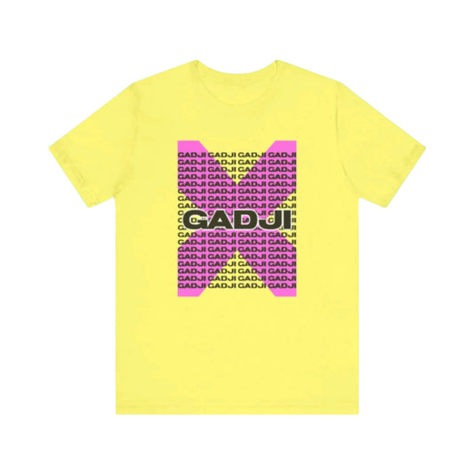 Fitted t-shirt with metallic gold GADJI text on dark charcoal background.
