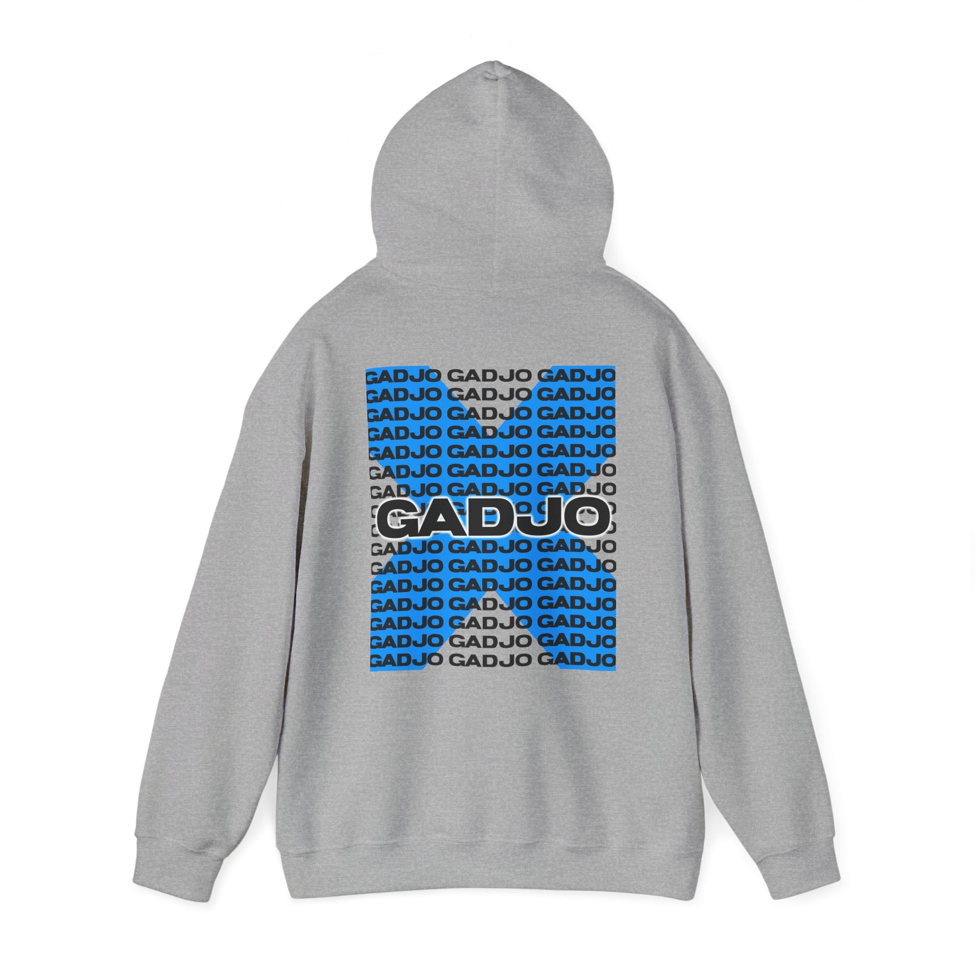 Hoodie with high-contrast “GADJO” text on a background of illustrated city skylines.

