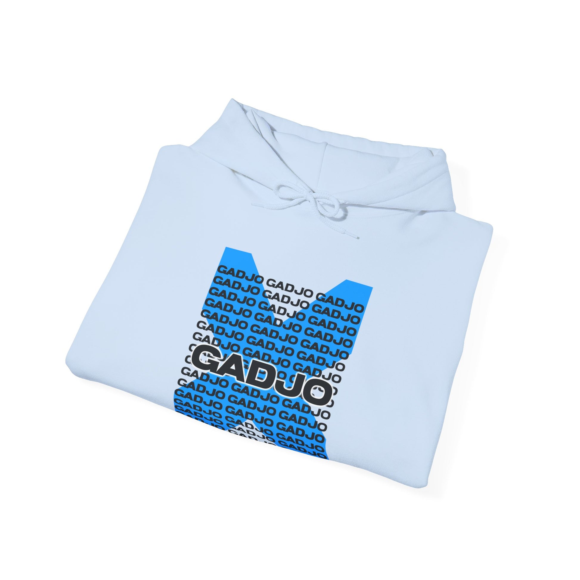 Hoodie with bold "GADJO" lettering in block print, exuding modern streetwear energy.


