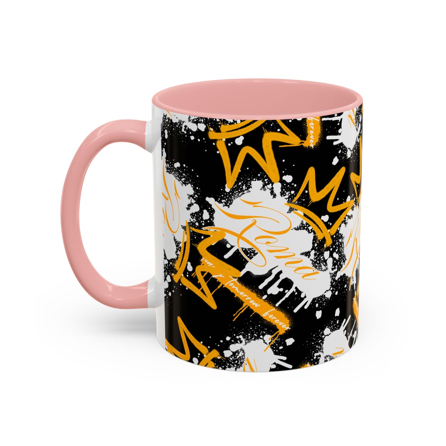 Glossy mug showcasing ROMA text in uppercase letters on the front.
