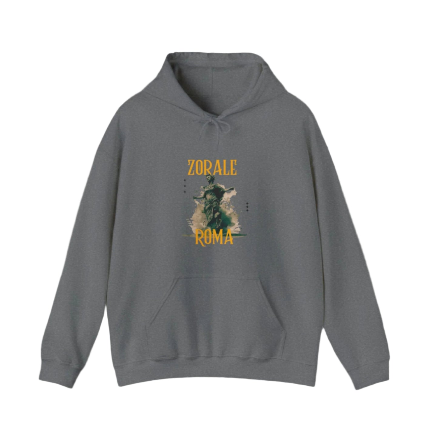Gray hoodie with 'Zorale Roma' graphic on a white background