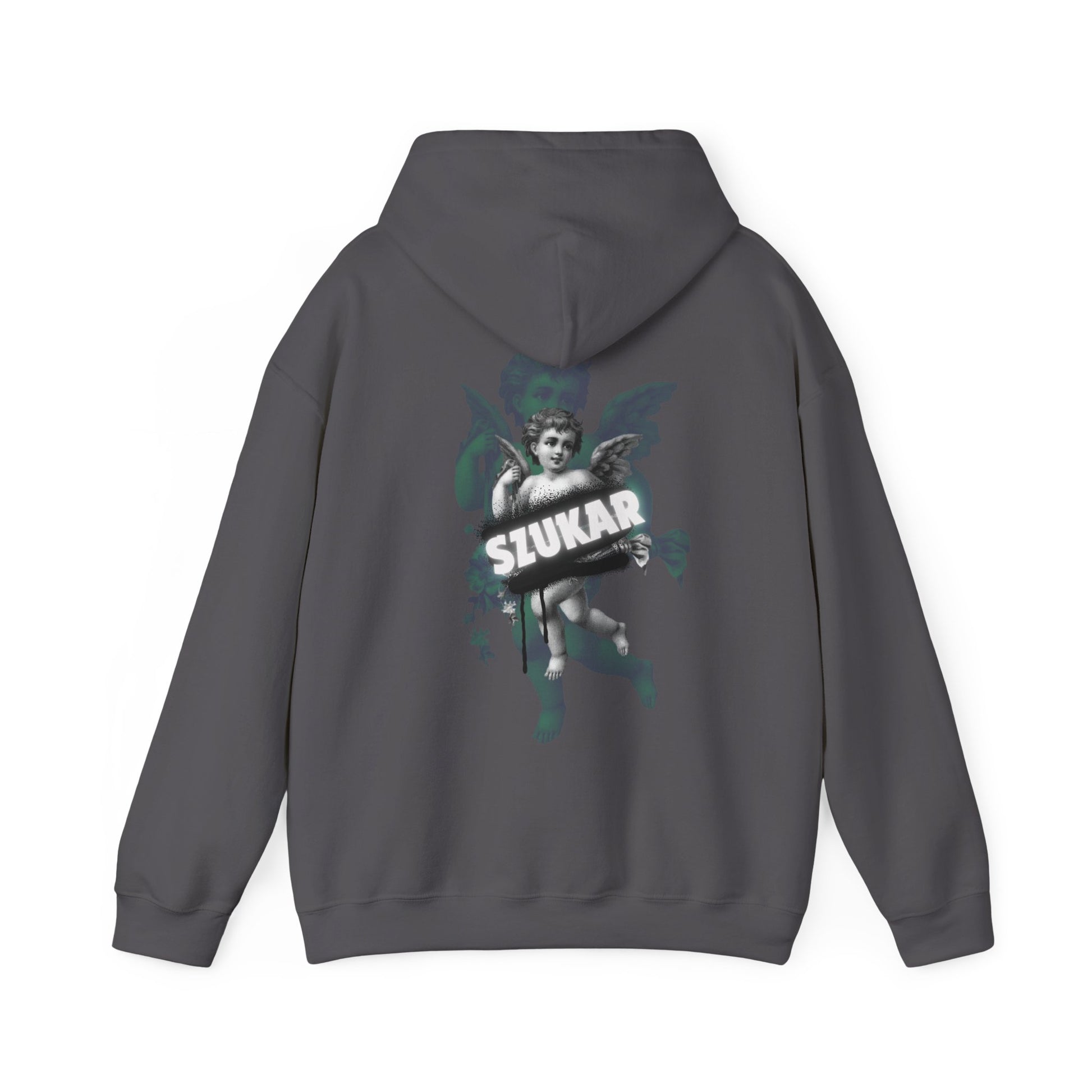 Bold hoodie with divine angel sketch and artistic ‘SZUKAR’ lettering.
